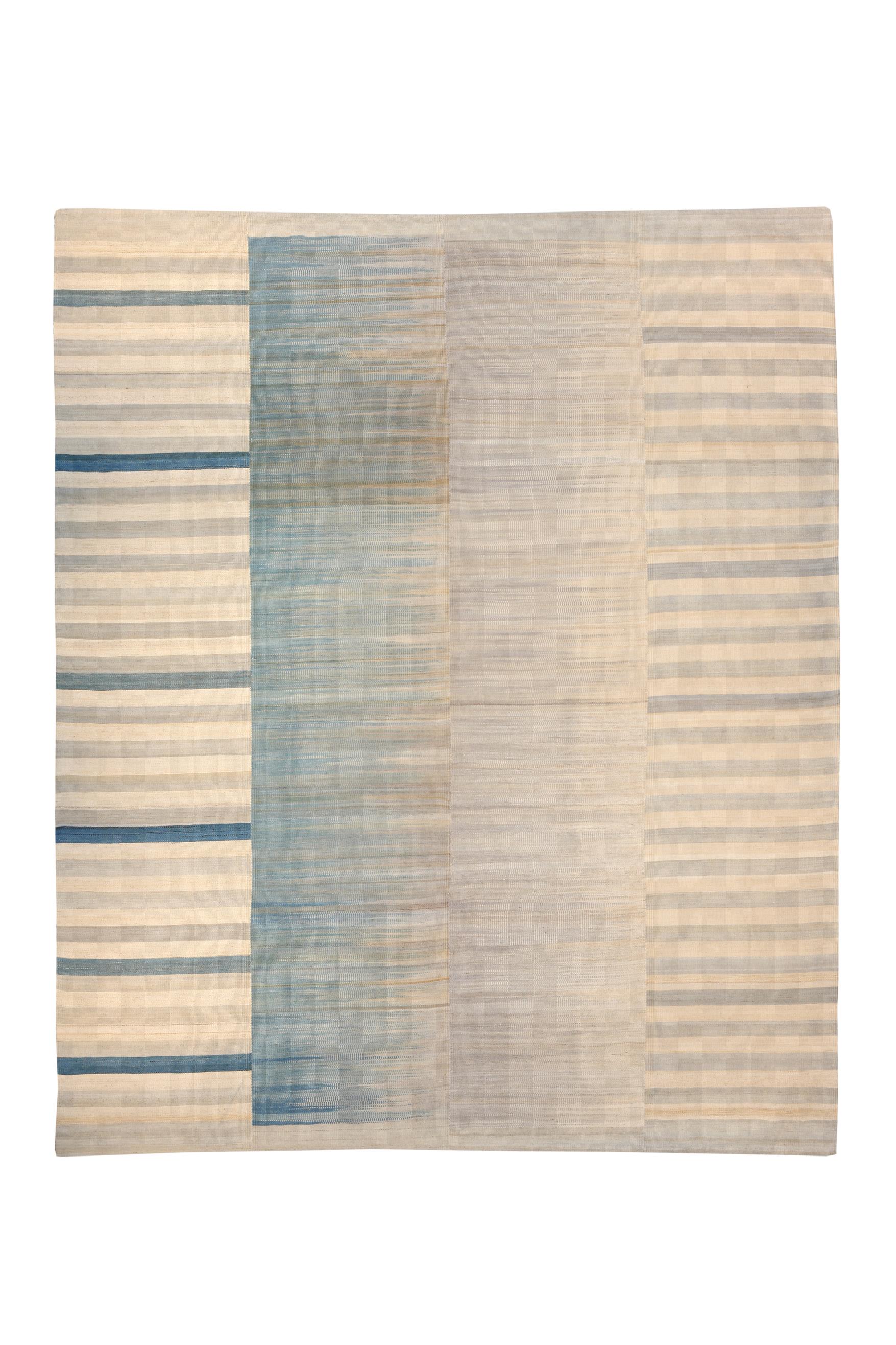 Wool Large Kilim Rug Delicate Blue Tones Bauhaus Inspired Design For Sale