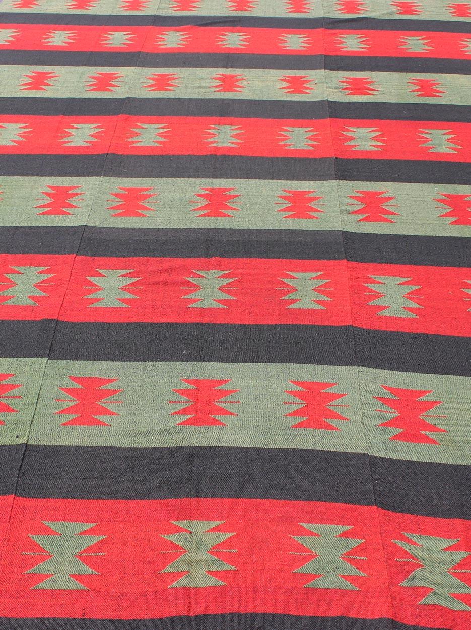 Wool Large Vintage Kilim Rug with Tribal Shapes and Stripes in Red, Brown and Green For Sale