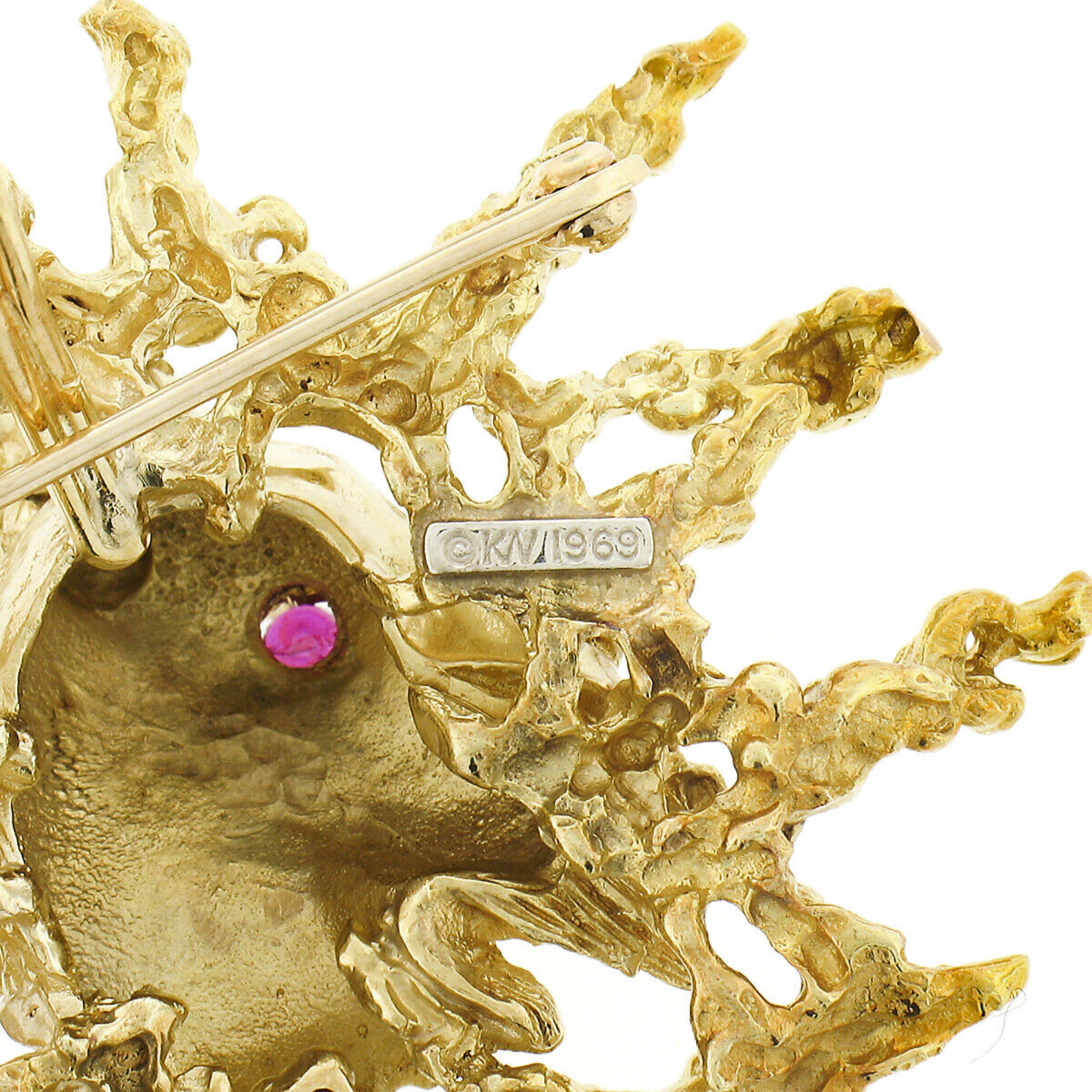 Large Vintage Kurt Wayne 18k Gold Ruby Detailed Textured Ram Brooch Pin Pendant 1
