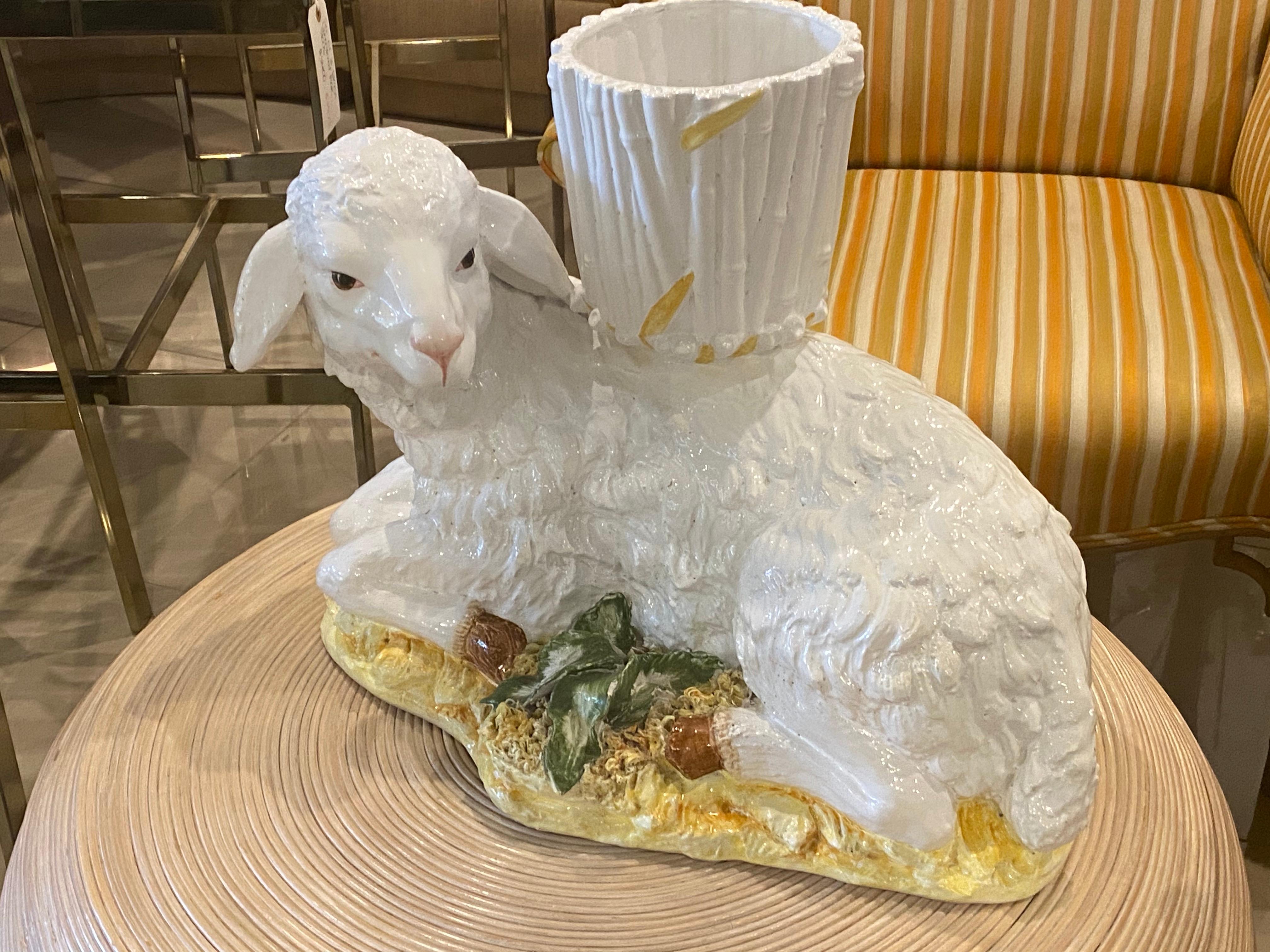 Large Vintage Lamb Sheep Italian Planter Faux Bamboo Pot Ceramic  For Sale 2