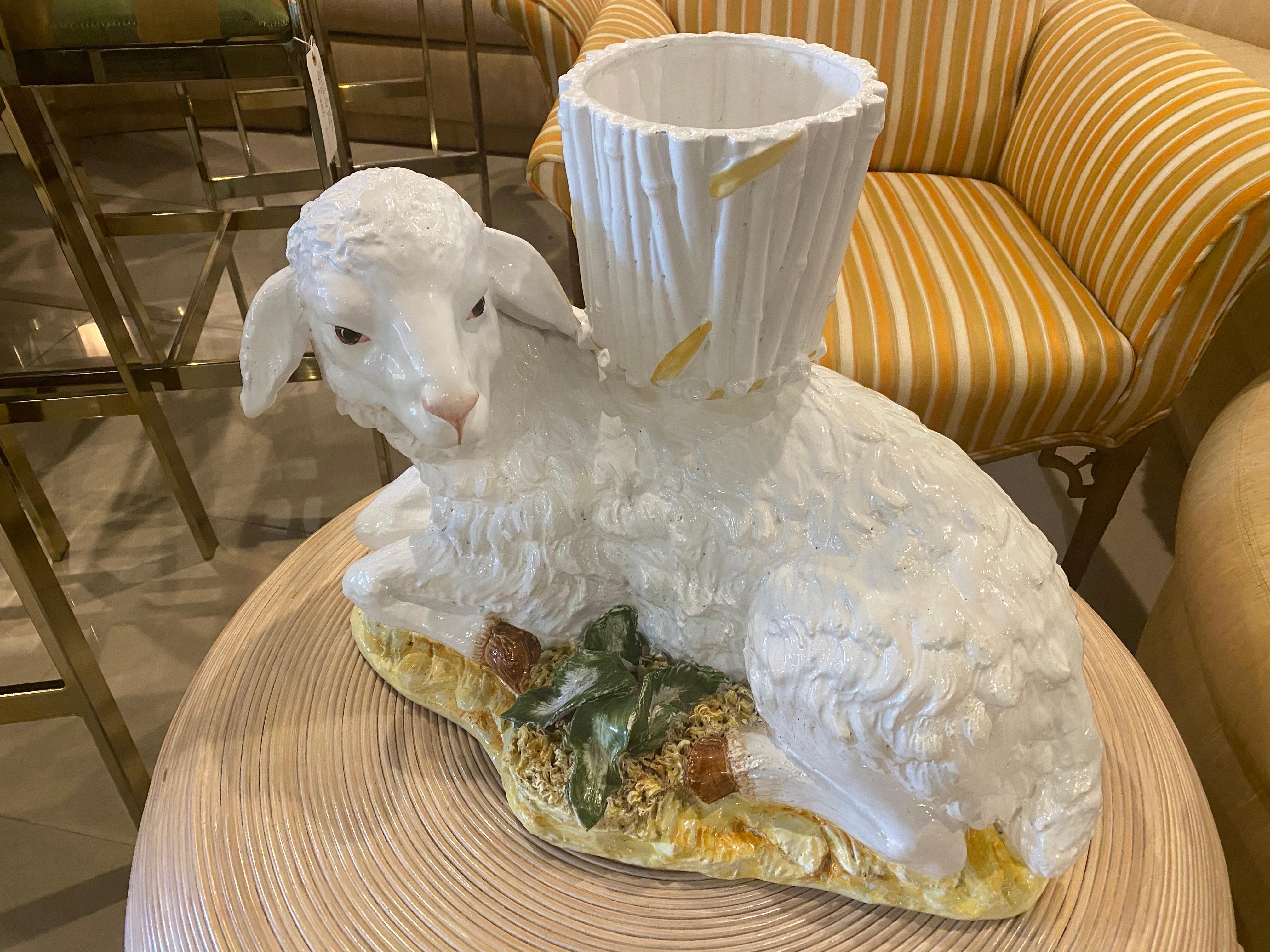 Large Vintage Lamb Sheep Italian Planter Faux Bamboo Pot Ceramic In Good Condition For Sale In West Palm Beach, FL