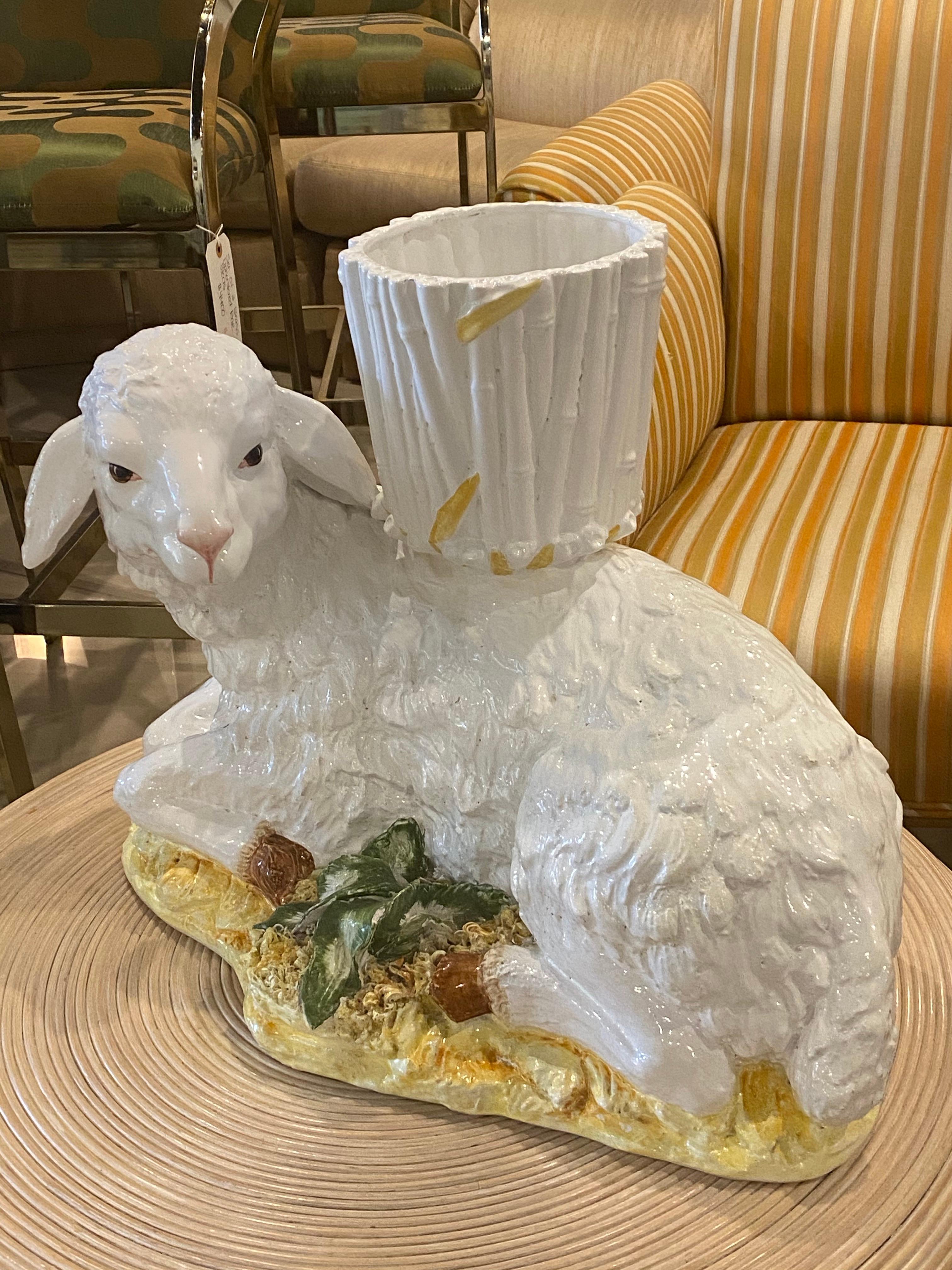 Large Vintage Lamb Sheep Italian Planter Faux Bamboo Pot Ceramic  For Sale 1