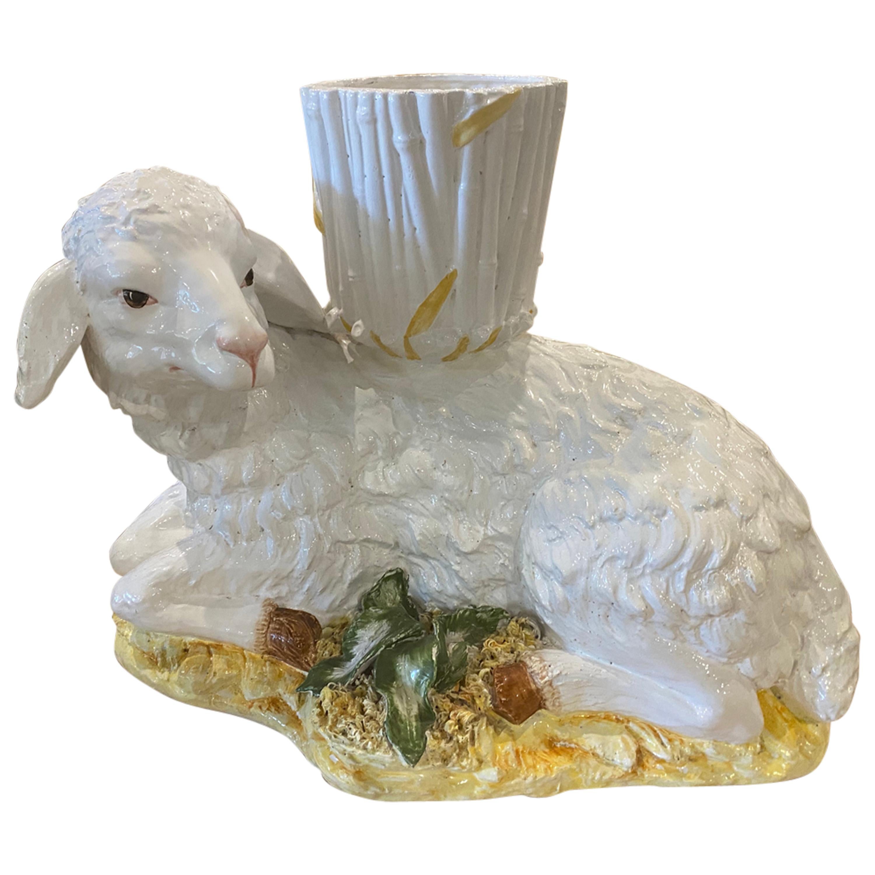 Large Vintage Lamb Sheep Italian Planter Faux Bamboo Pot Ceramic 