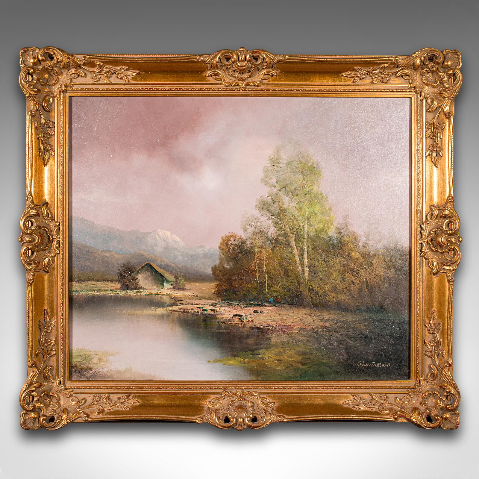 
This is a large vintage landscape painting. An Austrian, gilt framed oil on canvas of the low Alpine region, dating to the late 20th century, circa 1970.

Strikingly framed landscape, with appealing colour and setting
Displays a desirable aged