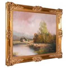 Large Vintage Landscape Painting, Austrian, Framed Art, Oil, Alpine, Schmidbauer