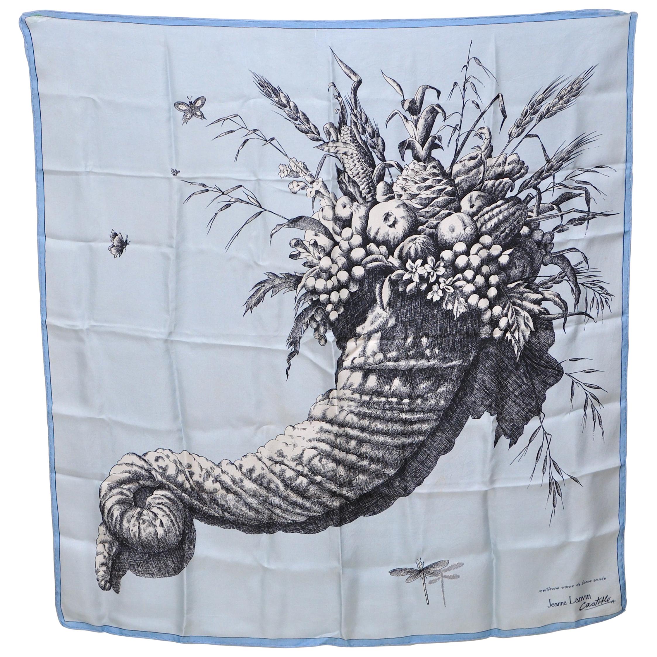 20th Century Large Vintage Lanvin Silk Scarf Pale Blue Butterflies Fruits French For Sale