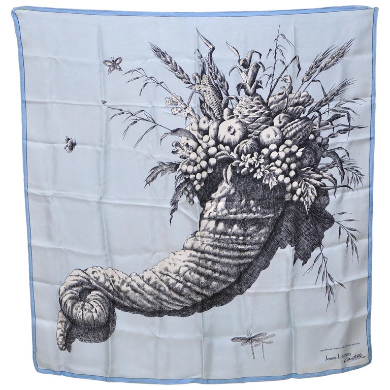 Large Vintage Lanvin Silk Scarf Pale Blue Butterflies Fruits