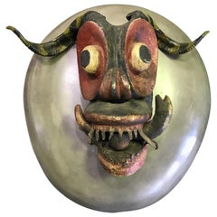 Large Vintage Latin American Hispanic Devil Diablo Folk Art Mask with Horns