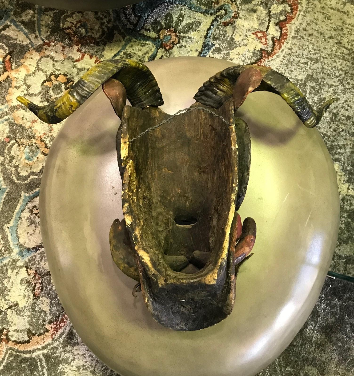 Wood Large Vintage Latin American Hispanic Devil Diablo Folk Art Mask with Horns For Sale