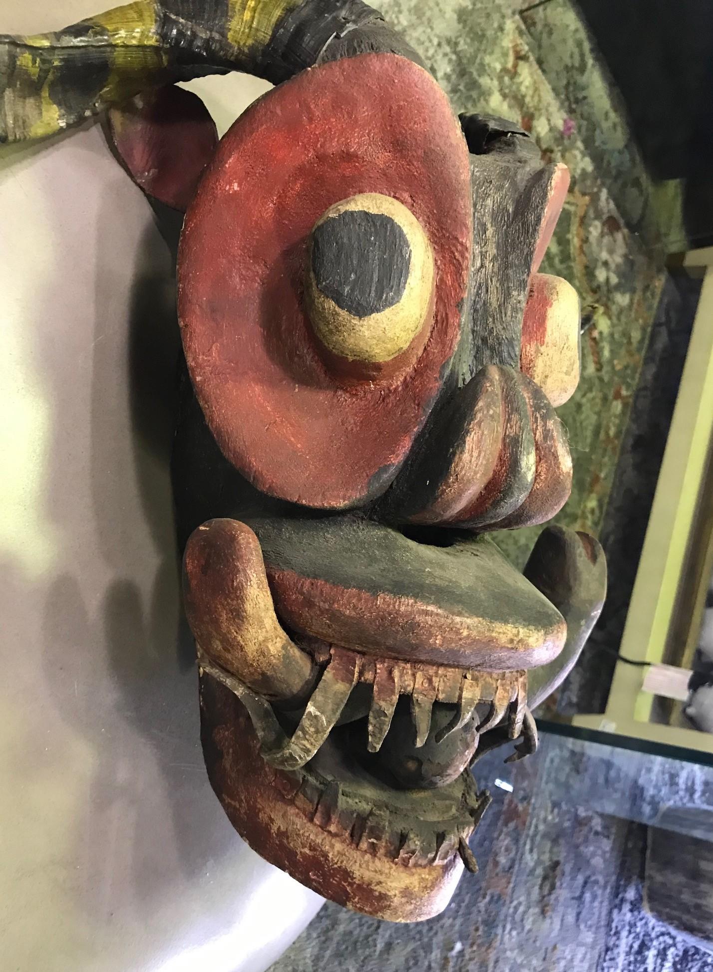 Mexican Large Vintage Latin American Hispanic Devil Diablo Folk Art Mask with Horns For Sale