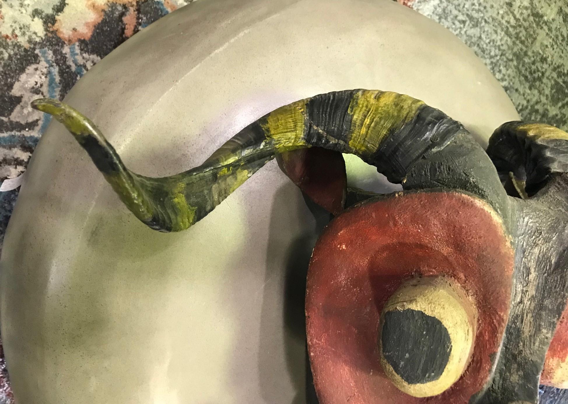 Hand-Carved Large Vintage Latin American Hispanic Devil Diablo Folk Art Mask with Horns For Sale