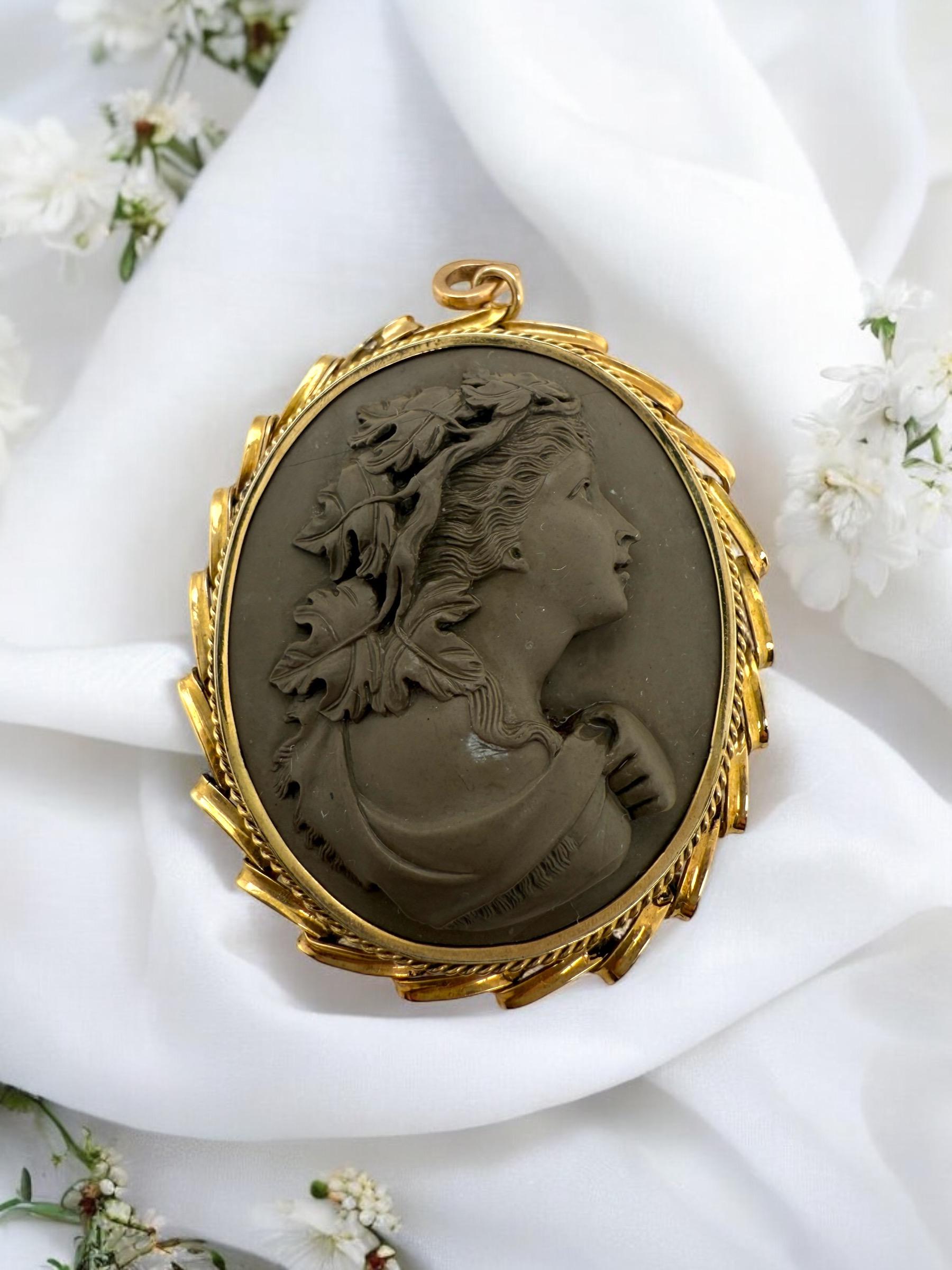 Ce camée est tout à fait unique car il a été sculpté dans de la roche de lave il y a de nombreuses années !

Détails du pendentif
Matériau de la lunette : Or jaune 14K
Époque : Victorienne 1840 - 1900
Longueur : 2 1/2 pouces
Largeur : 1 3/4