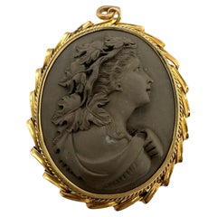Large Vintage Lava Cameo Pendant 14K Yellow Gold