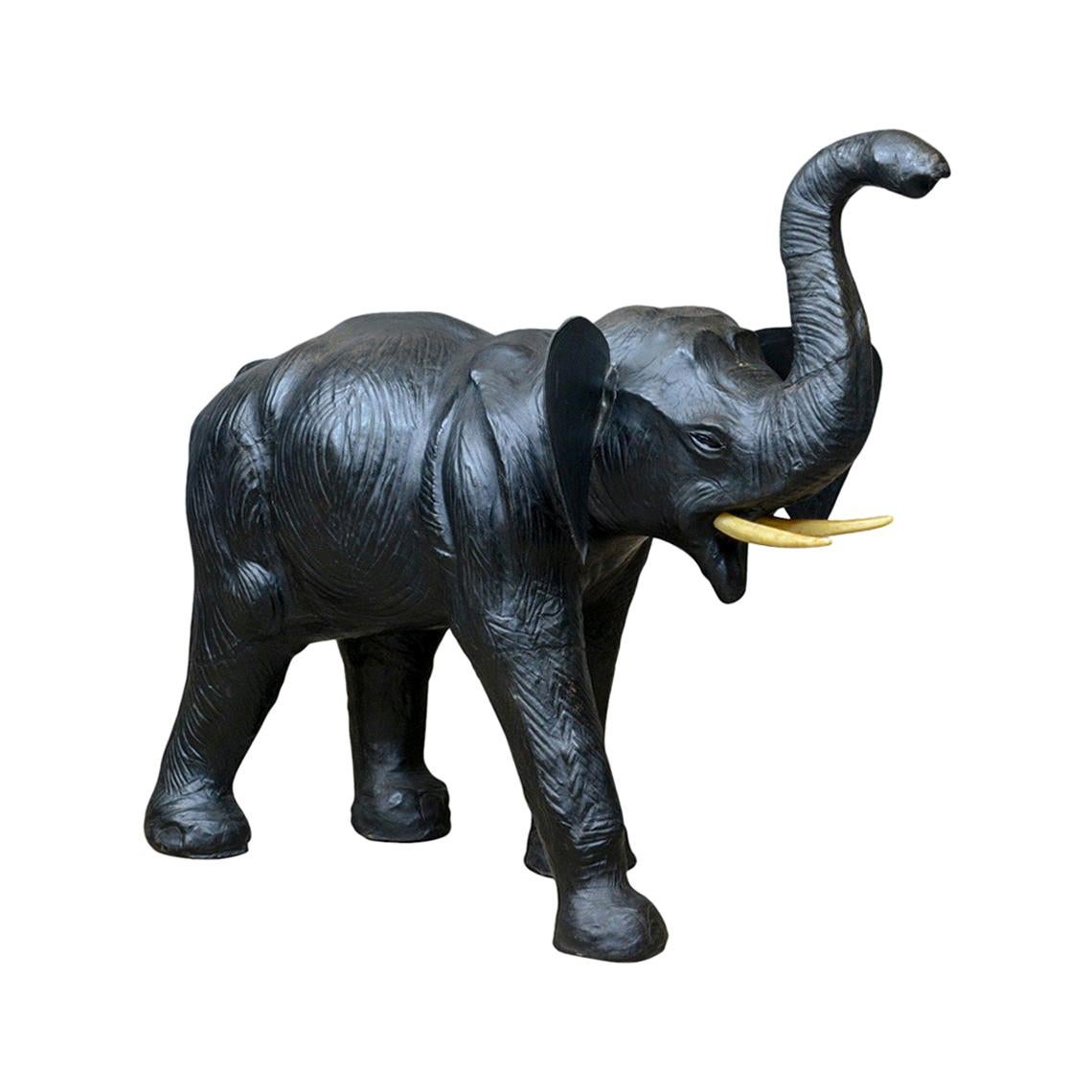 Large Vintage Leather Elephant Sculpture, Tall Model, Mid-20th Century For Sale