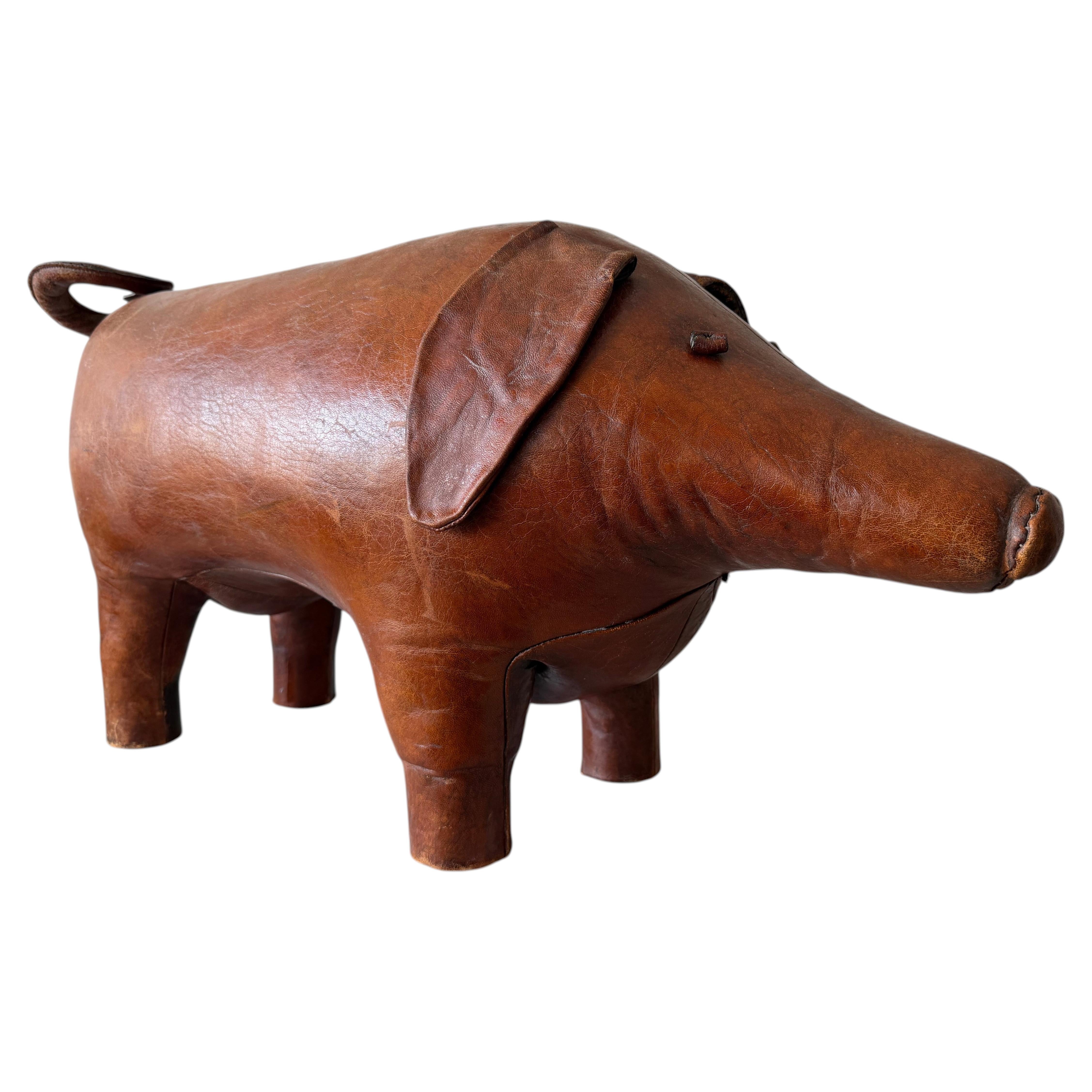 Large Vintage Leather Stool Omersa For Almazan Pig With Original