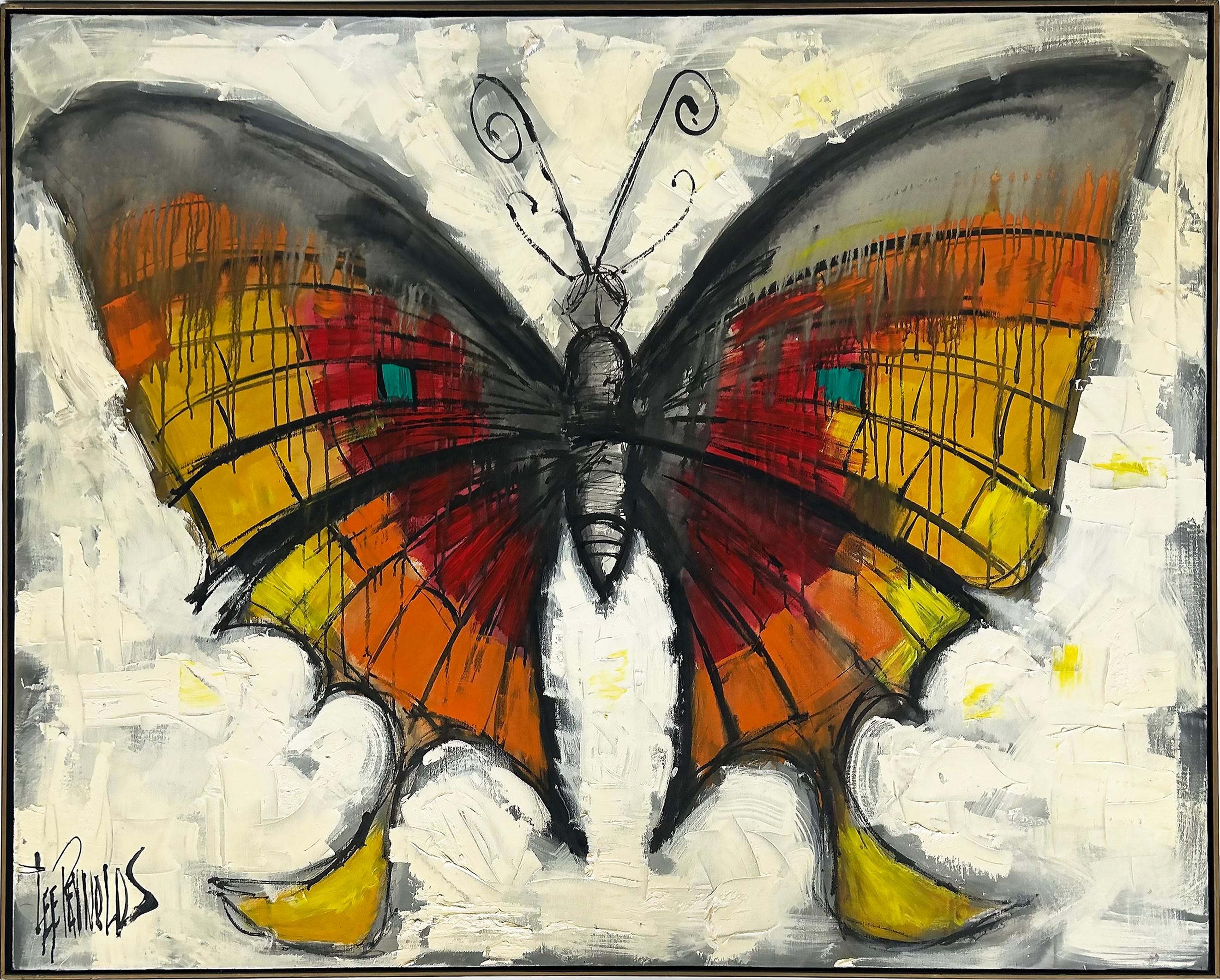 Gran cuadro vintage de Lee Reynolds sobre mariposas abstractas, enmarcado siglo XX en venta