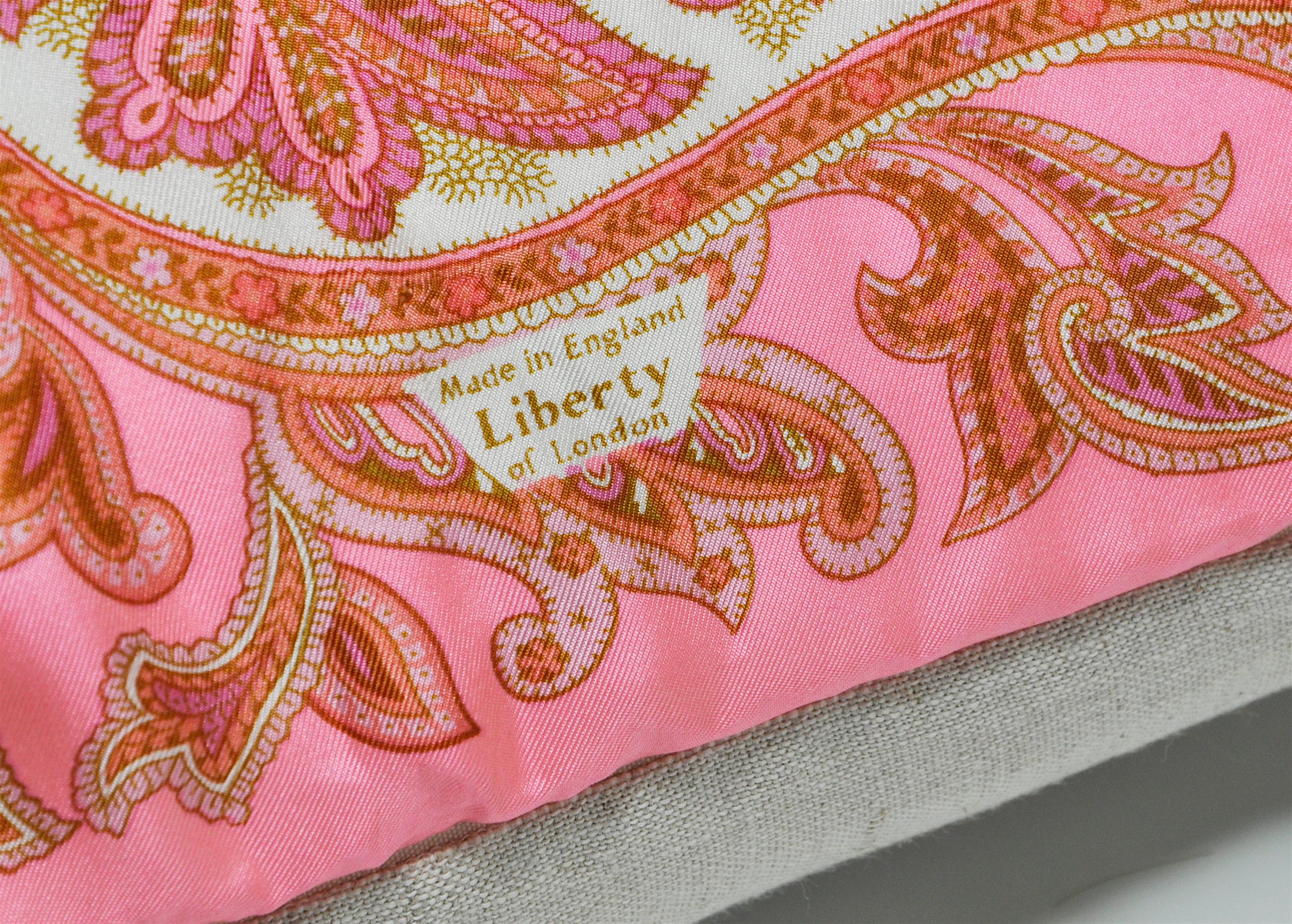 English Large Vintage Liberty of London Pink Orange Silk Scarf with Irish Linen Cushion For Sale
