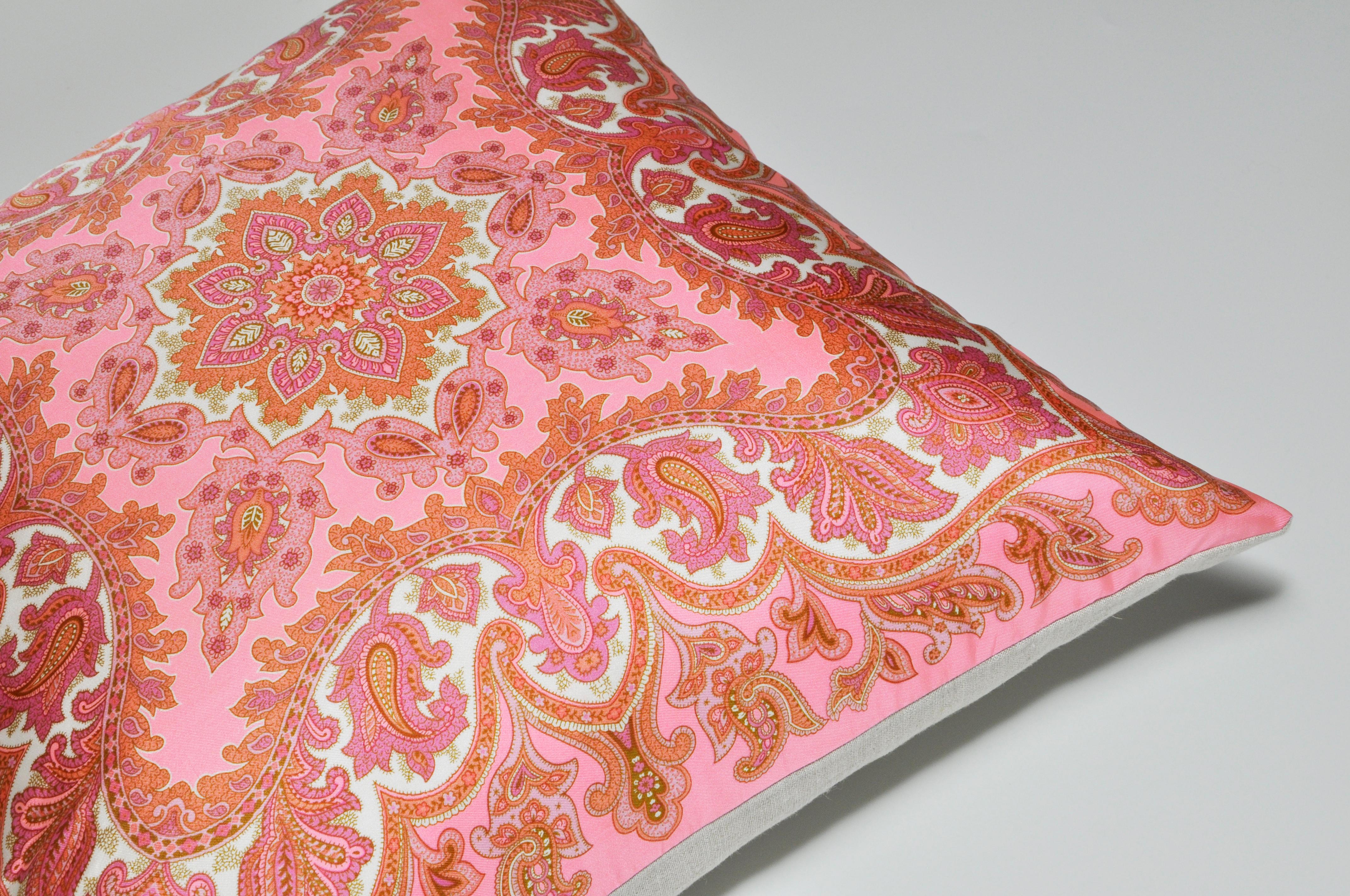 20th Century Large Vintage Liberty of London Pink Orange Silk Scarf with Irish Linen Cushion For Sale