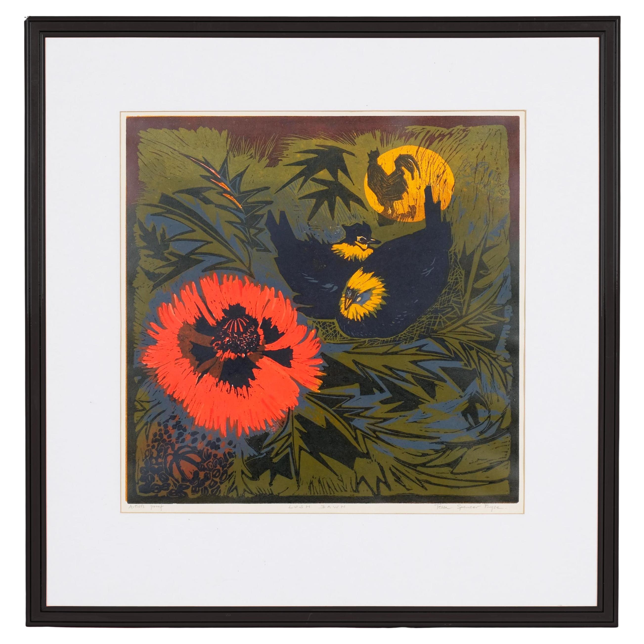Large Vintage Linocut "Lush Dawn" by Tessa Spencer Pryse RBA