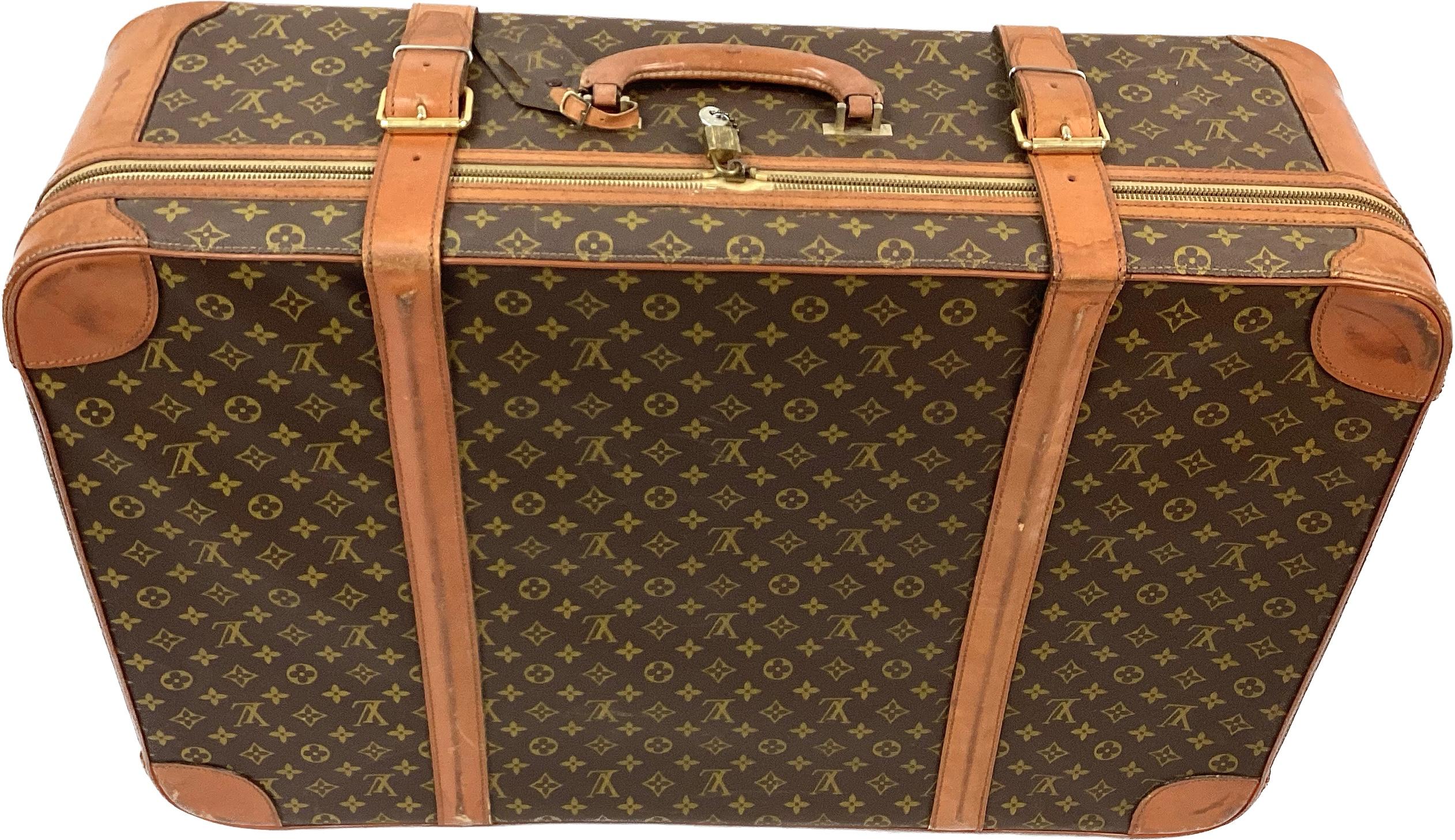 Large Vintage Louis Vuitton Double Strap Leather Suitcase For Sale 3