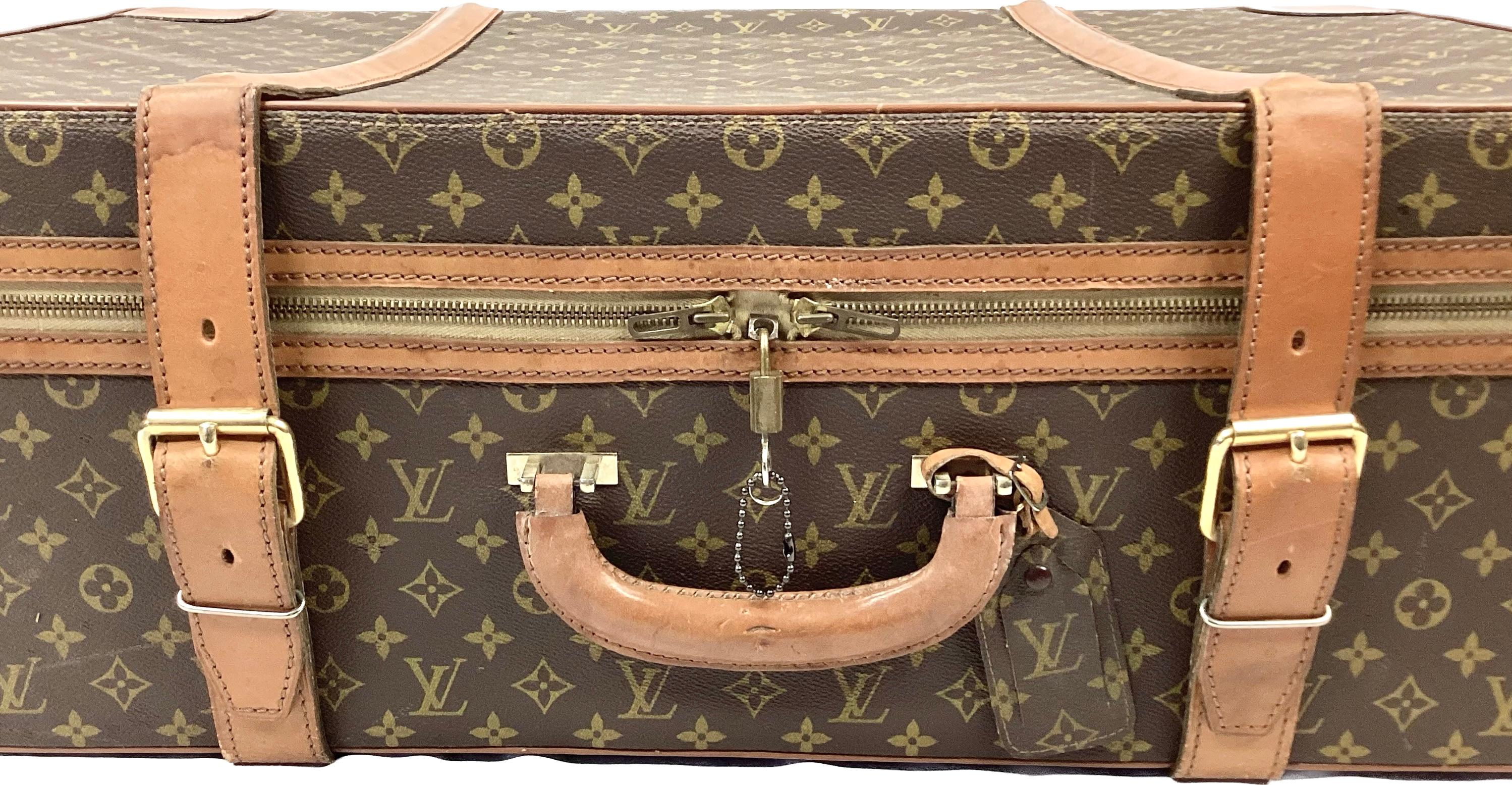Modern Large Vintage Louis Vuitton Double Strap Leather Suitcase For Sale