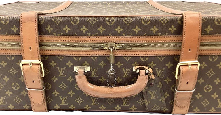 Large Vintage Louis Vuitton Double Strap Leather Suitcase For Sale