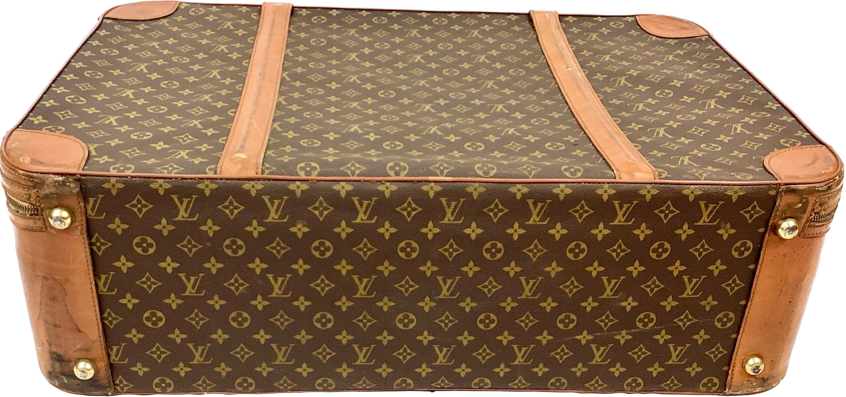 French Large Vintage Louis Vuitton Double Strap Leather Suitcase For Sale
