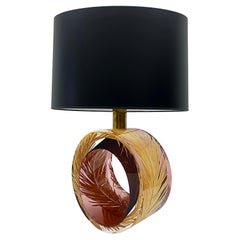 Large Vintage Lucite Disk Palm Frond Inclusion Table Lamp