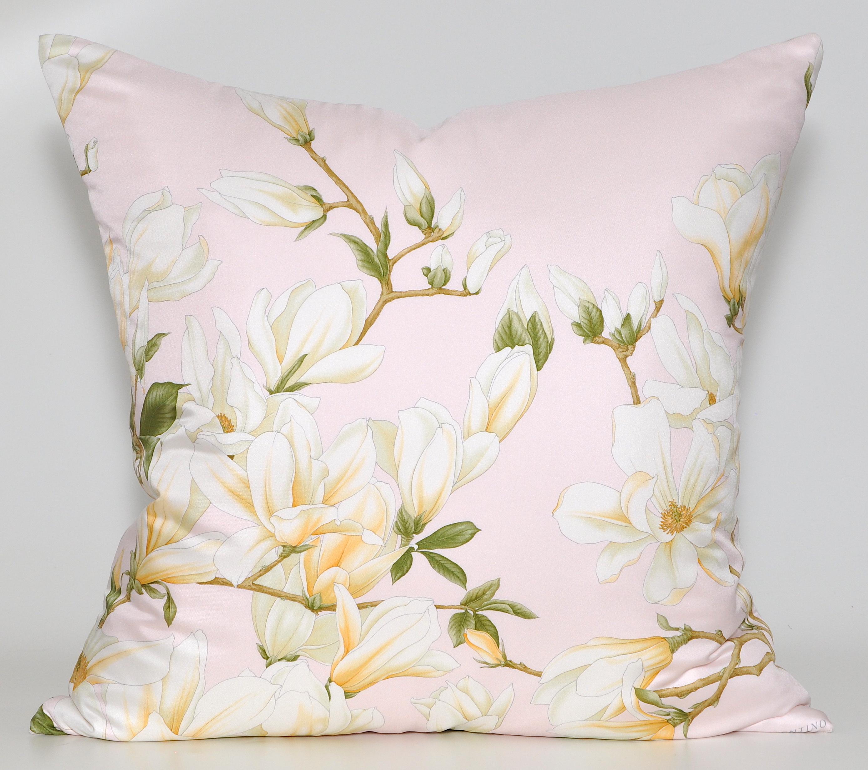 20th Century Large Vintage Magnolia Pink Valentino Silk Scarf with Irish Linen Cushion Pillow