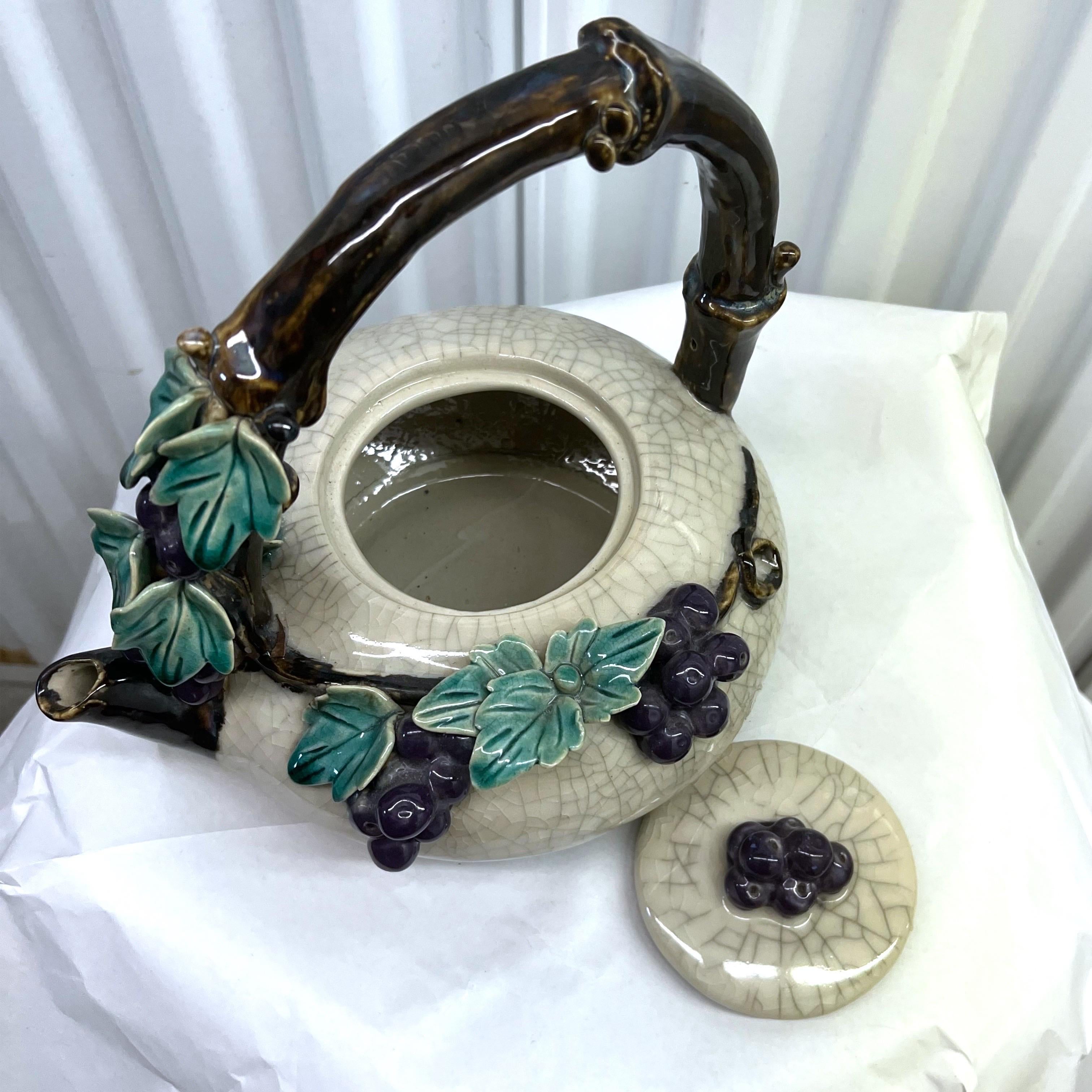 Large Vintage Majolica Pottery Teapot Purple Grape Bunches For Sale 4