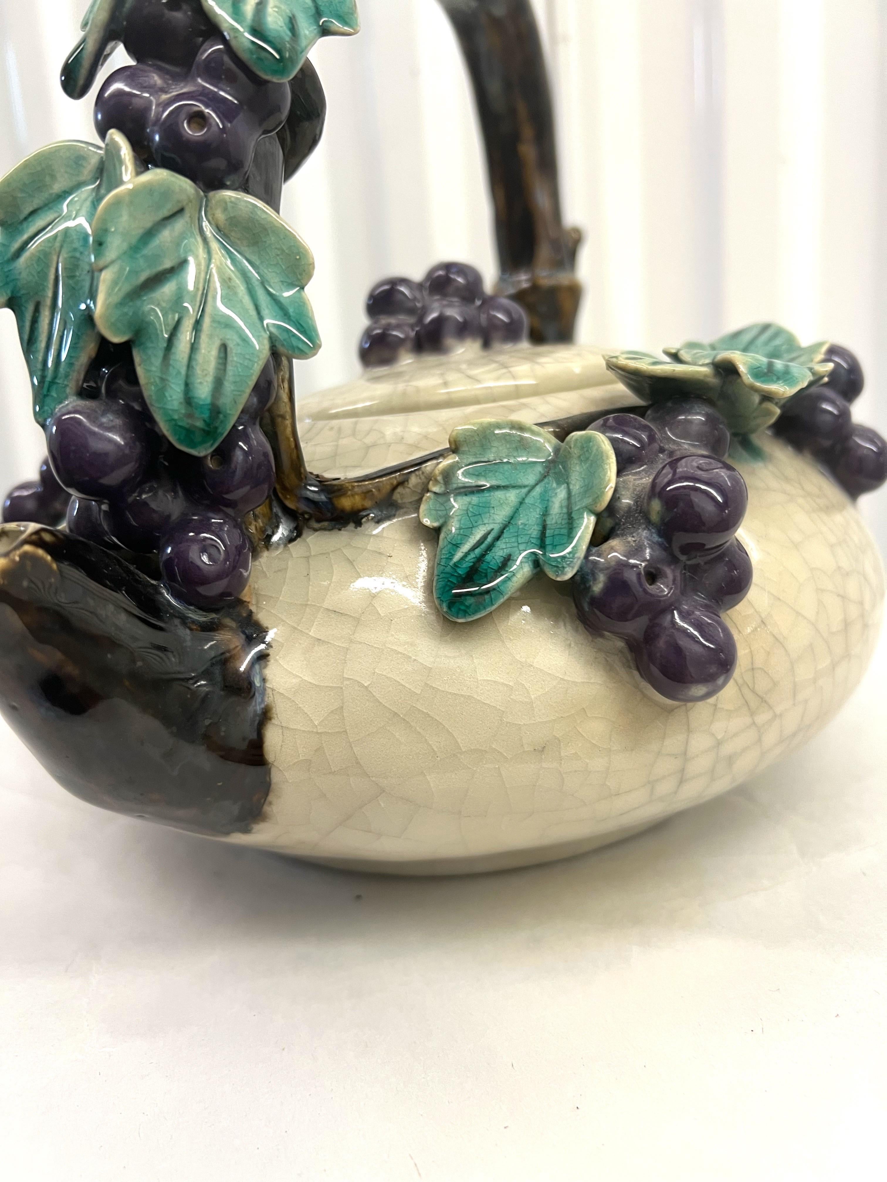 Folk Art Large Vintage Majolica Pottery Teapot Purple Grape Bunches For Sale