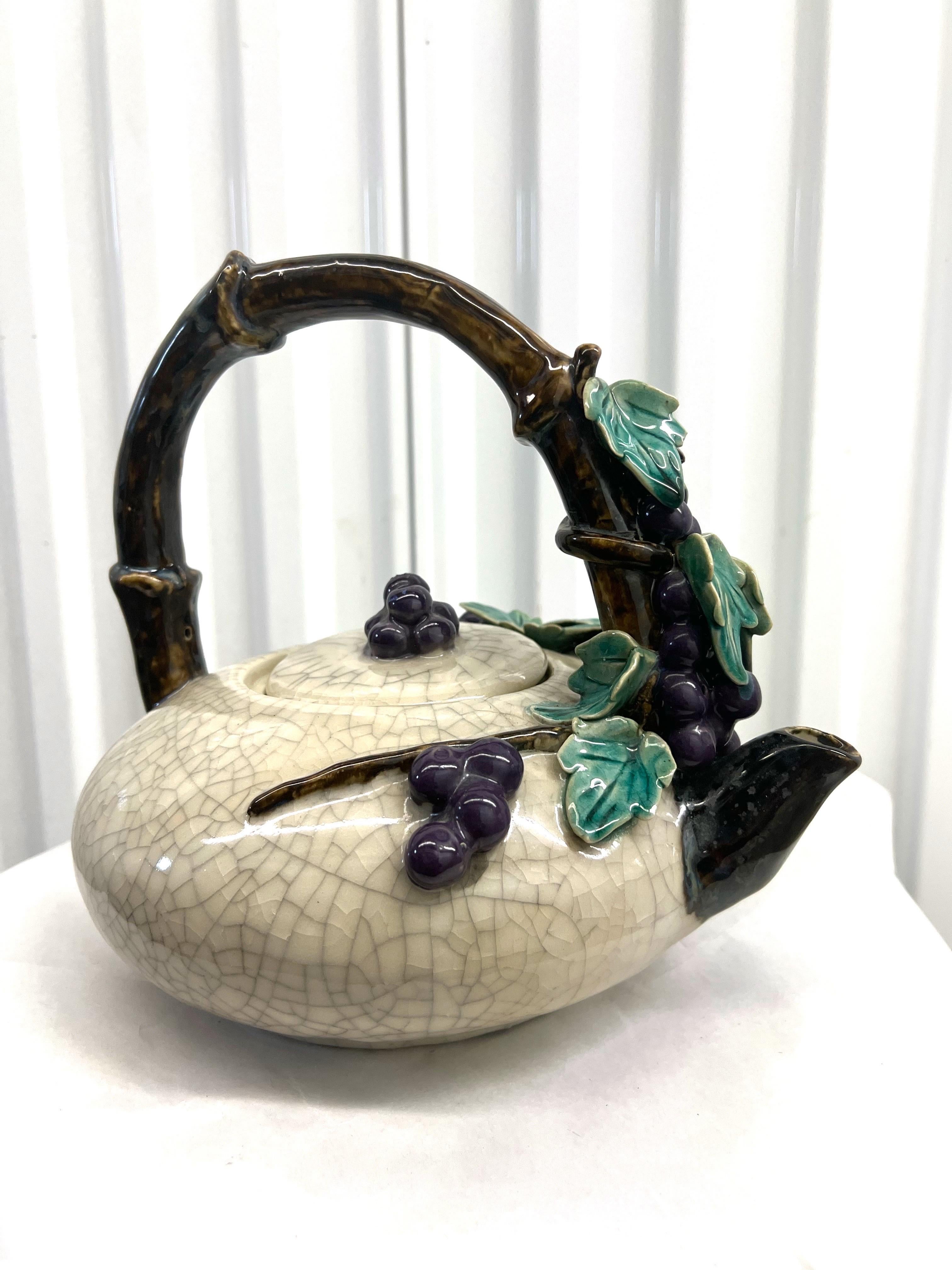 Unknown Large Vintage Majolica Pottery Teapot Purple Grape Bunches For Sale