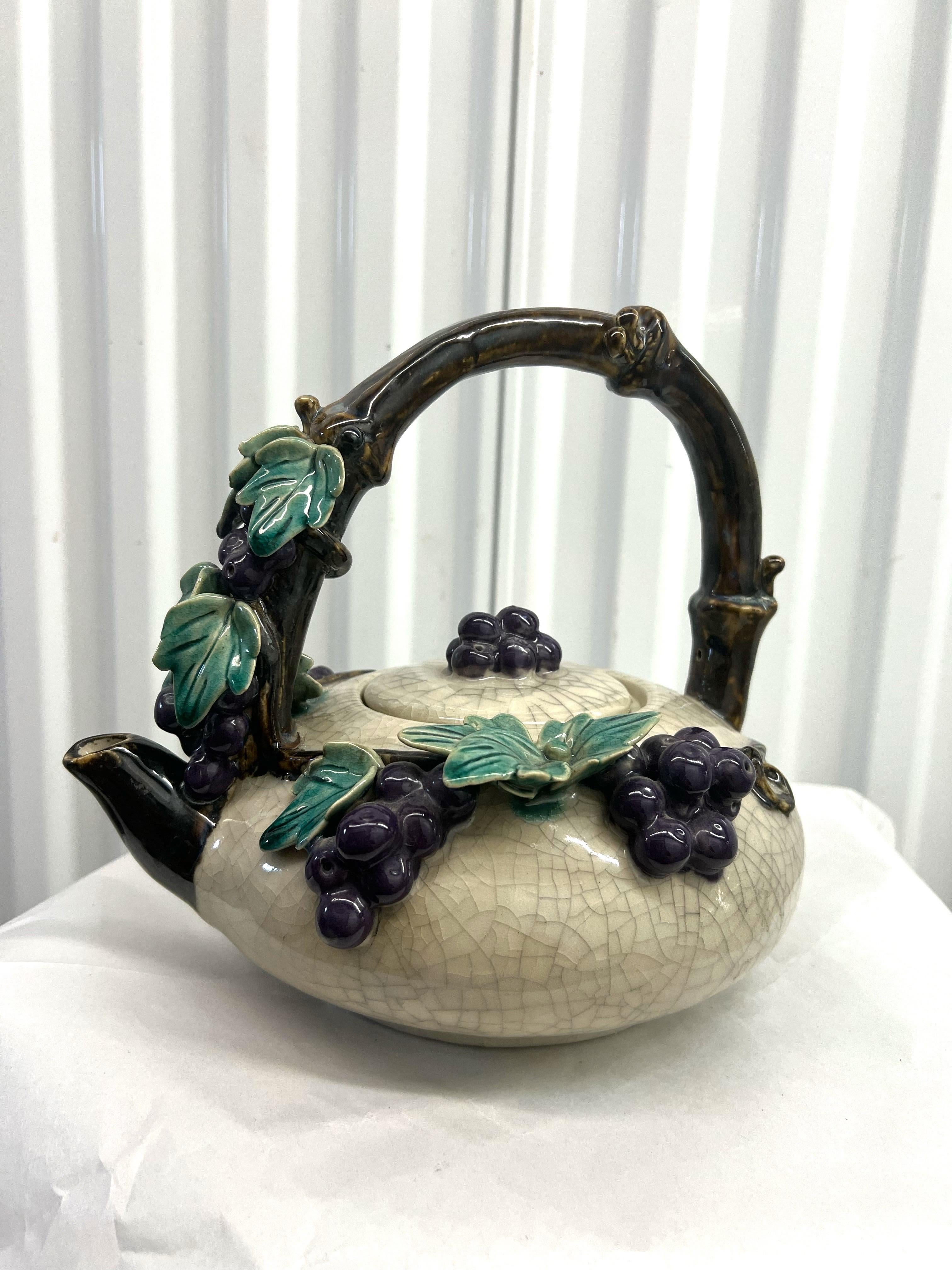 Large Vintage Majolica Pottery Teapot Purple Grape Bunches For Sale 2