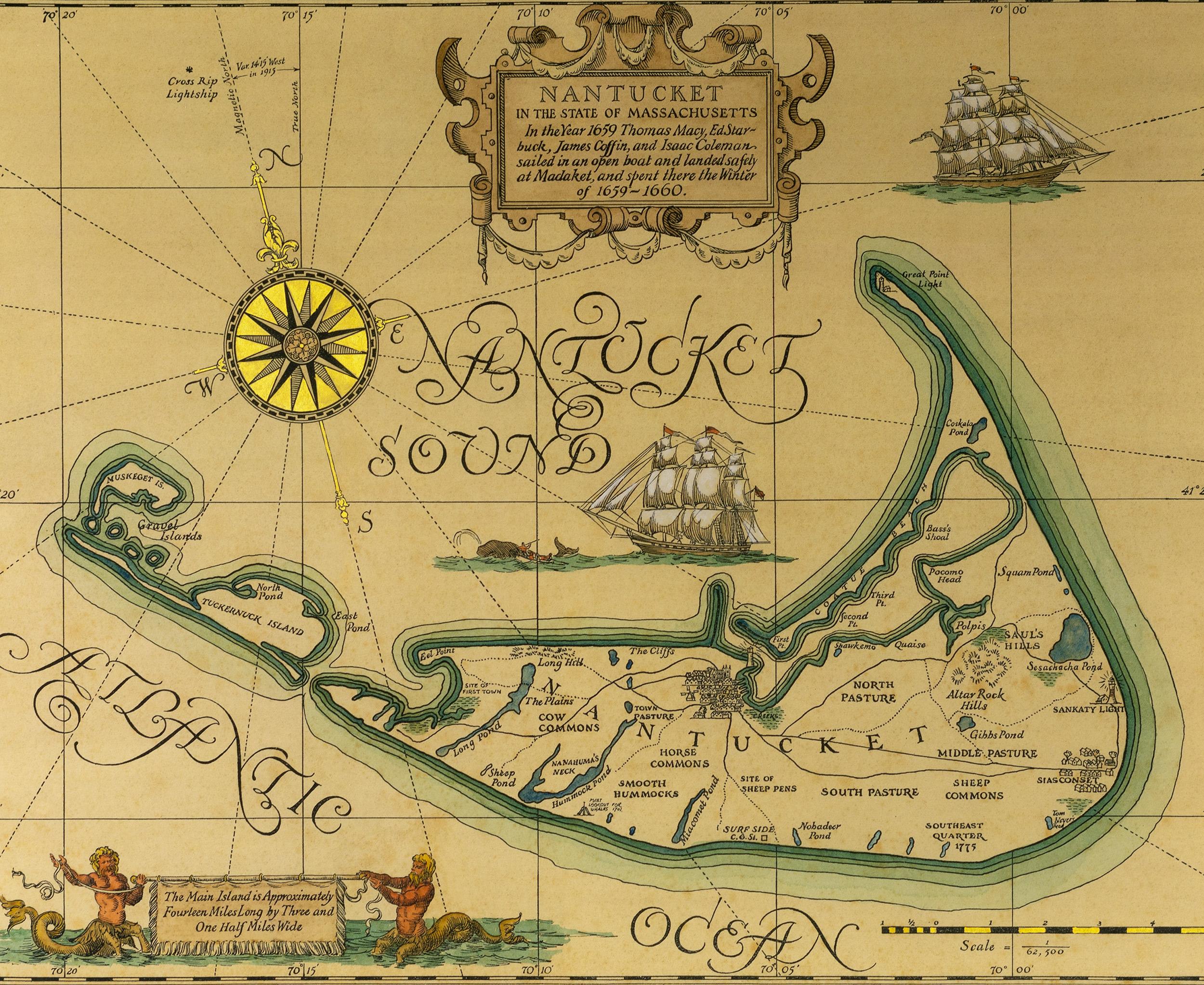 Hand colored map of Nantucket Island, decorated with small illustrations of clipper ships, a spouting whale, a compass rose and simple cartography, showing villages, ponds, major roads and beaches. In the style of Austin Strong.
 