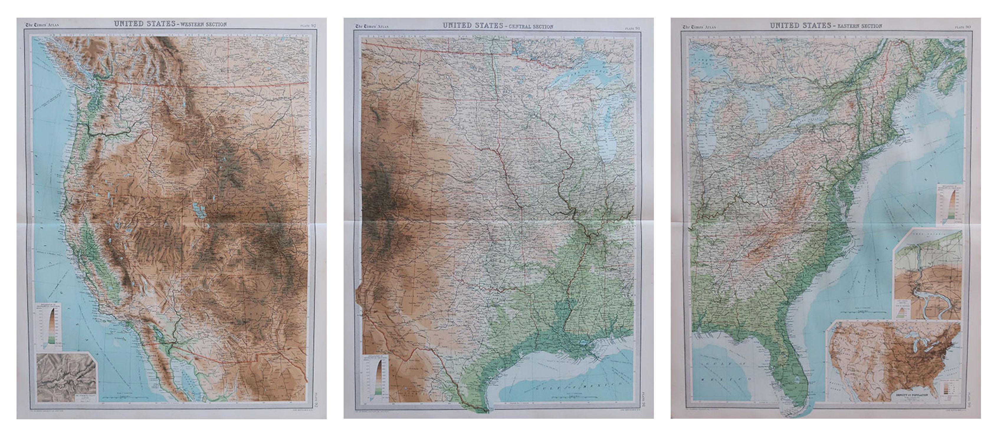 Great maps of the USA in 3 sections

Unframed

Original color

By John Bartholomew and Co. Edinburgh Geographical Institute

Published, circa 1920

The measurements given is for just one of the sheets

Free shipping.
 