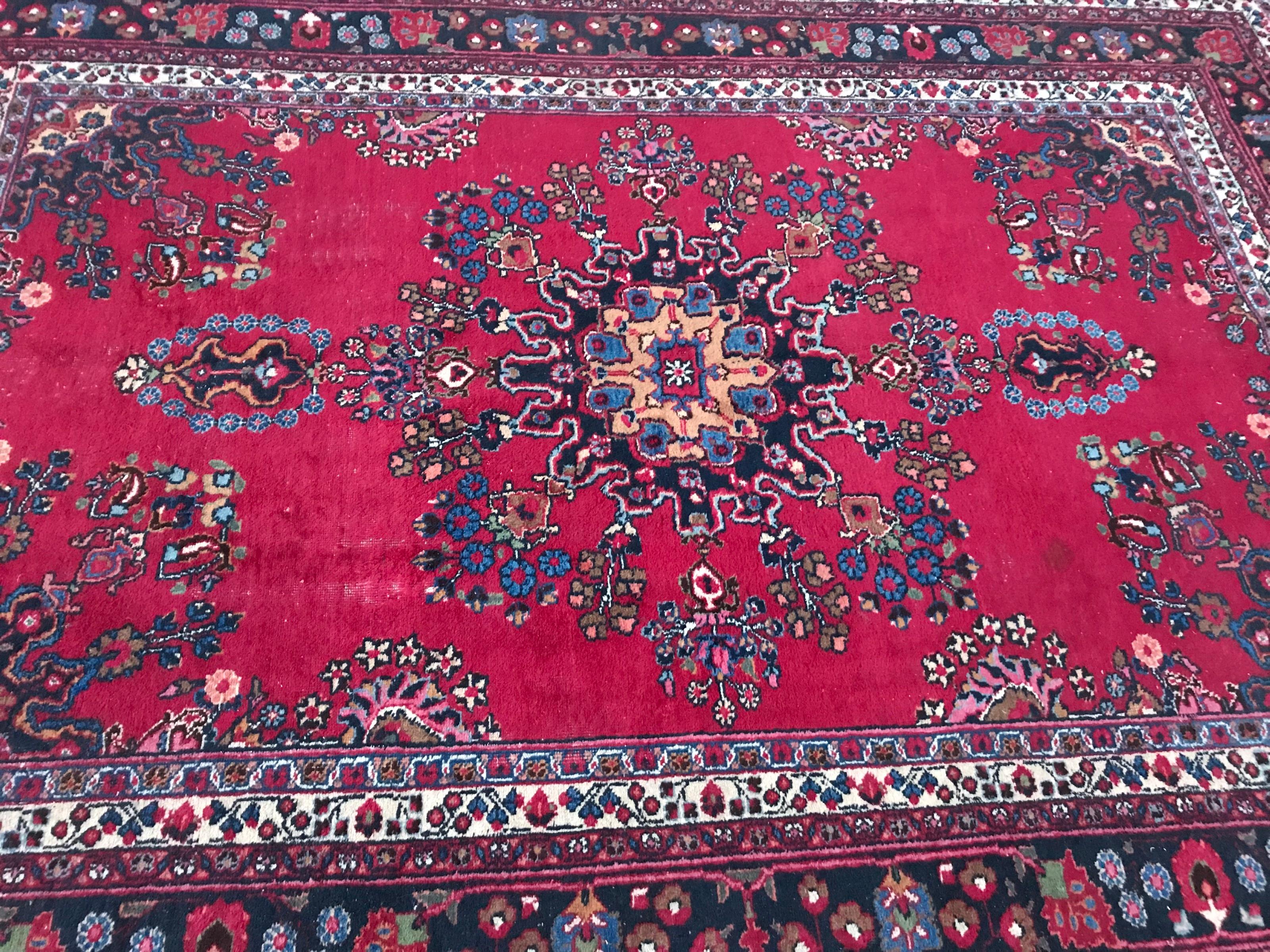 Bobyrug’s Large Vintage Mashhad Rug In Fair Condition For Sale In Saint Ouen, FR