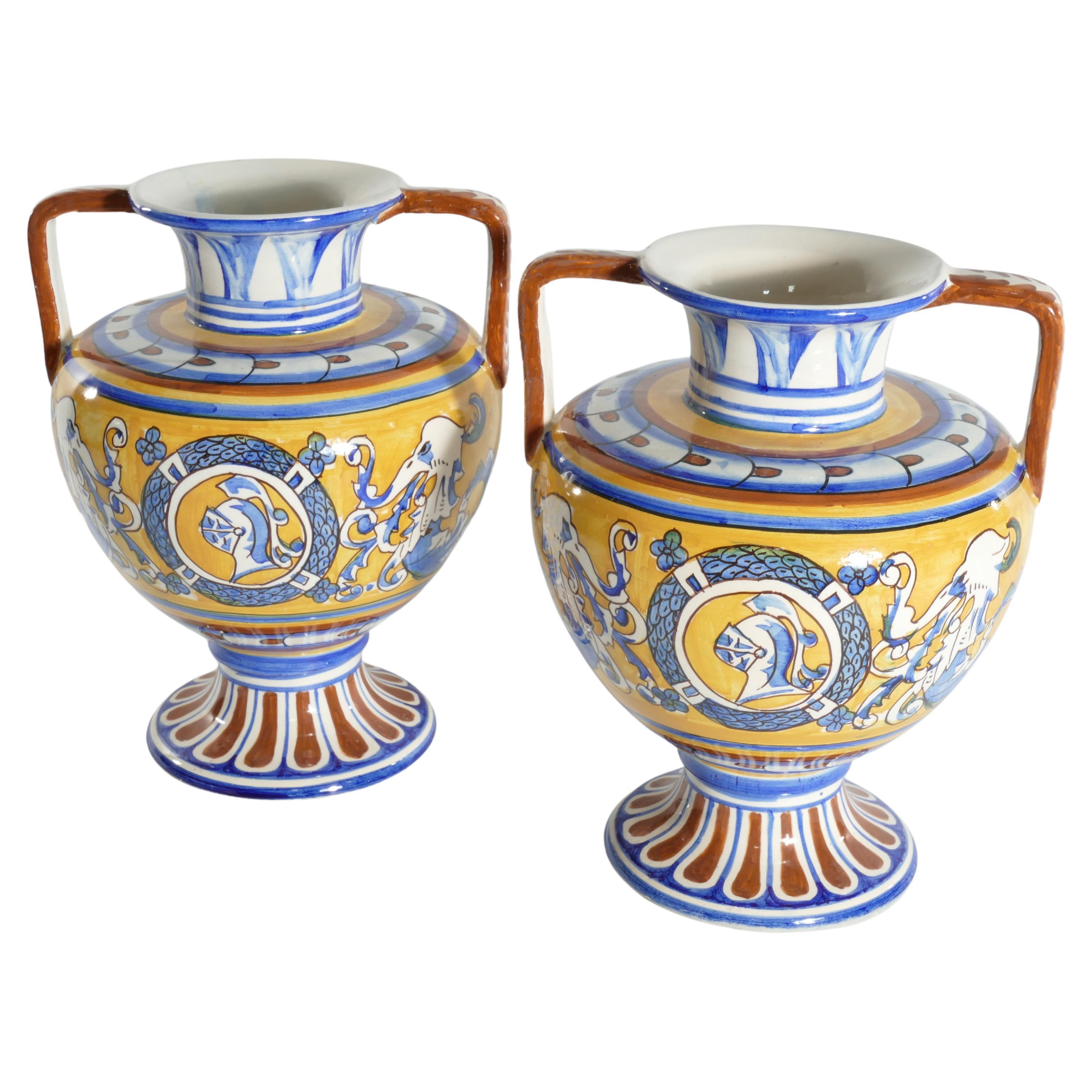 Large Mediterranean Handpainted Polychromatic Ceramic Vases, Set of 2