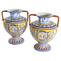 Retro Large Mediterranean Handpainted Polychromatic Ceramic Vases, Set of 2