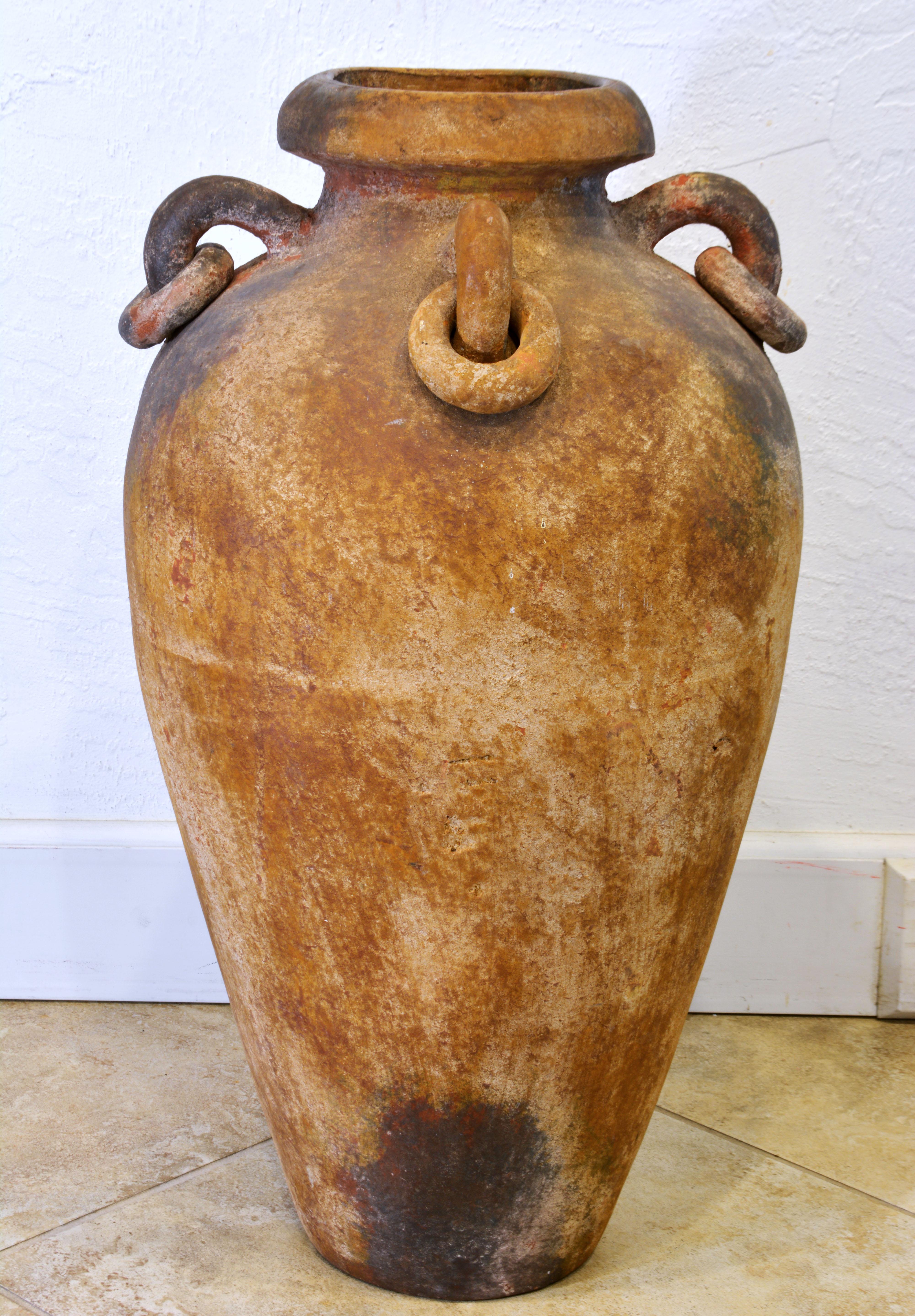 Greco Roman Large Vintage Mediterranean Terracotta Olive Jar with Four Ring Handles