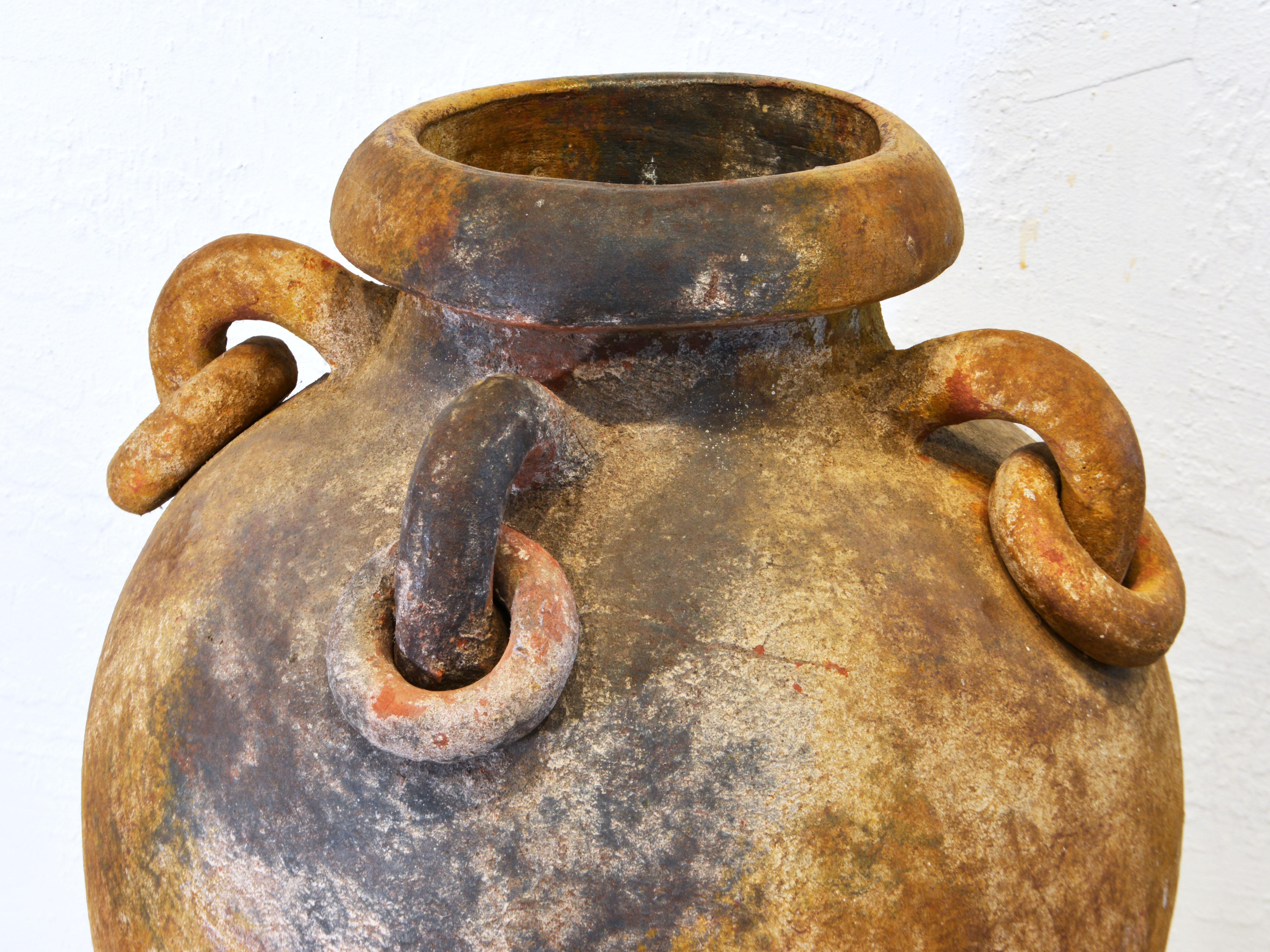 Large Vintage Mediterranean Terracotta Olive Jar with Four Ring Handles In Good Condition In Ft. Lauderdale, FL