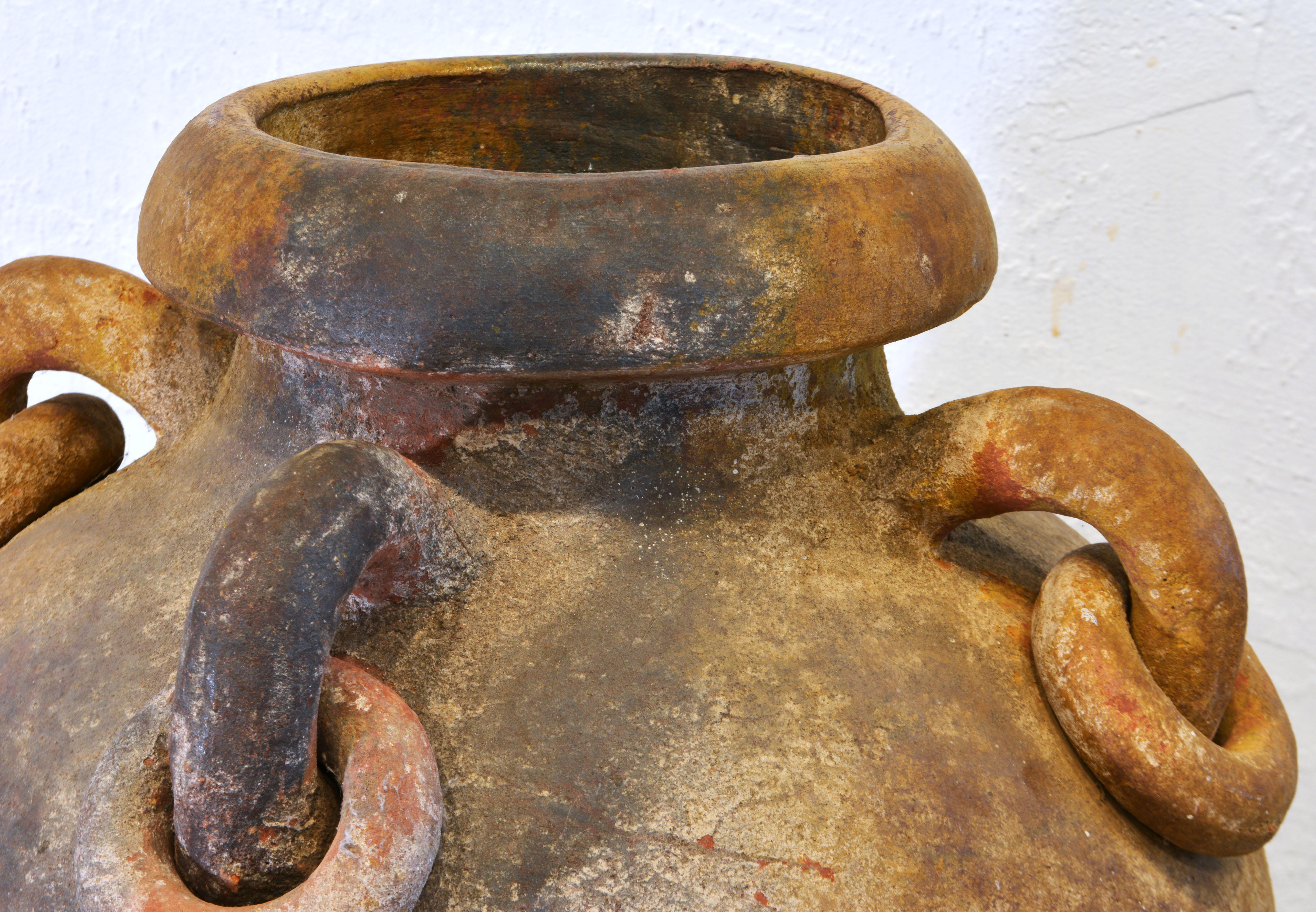 Large Vintage Mediterranean Terracotta Olive Jar with Four Ring Handles 1