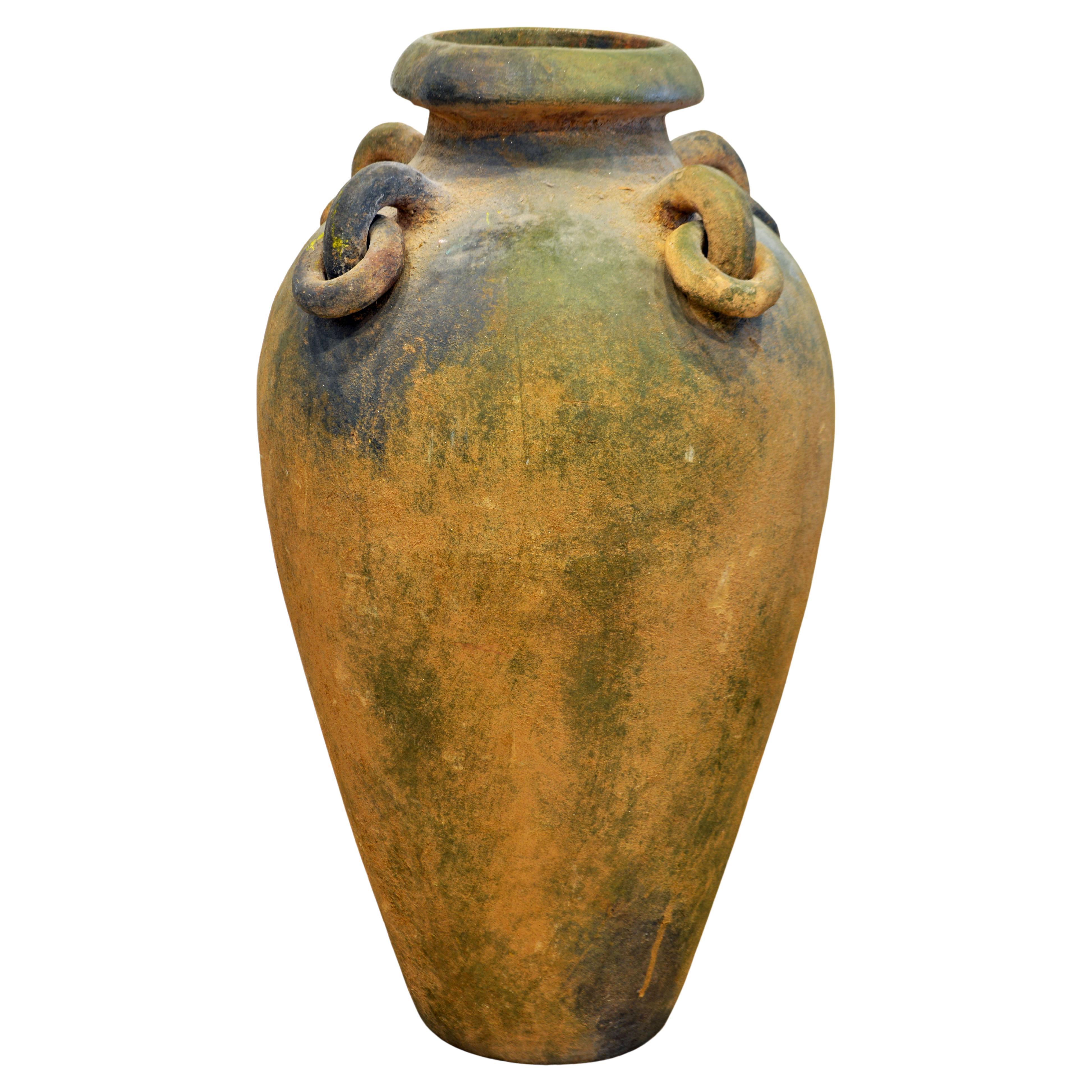 Large Vintage Mediterranean Terracotta Olive Jar with Four Ring Handles