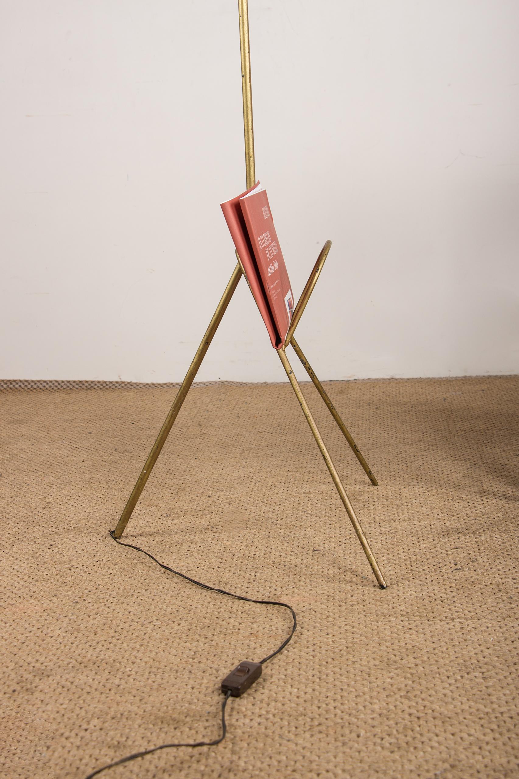 Large vintage metal tripod floor lamp with magazine rack and cardboard lampshade For Sale 3