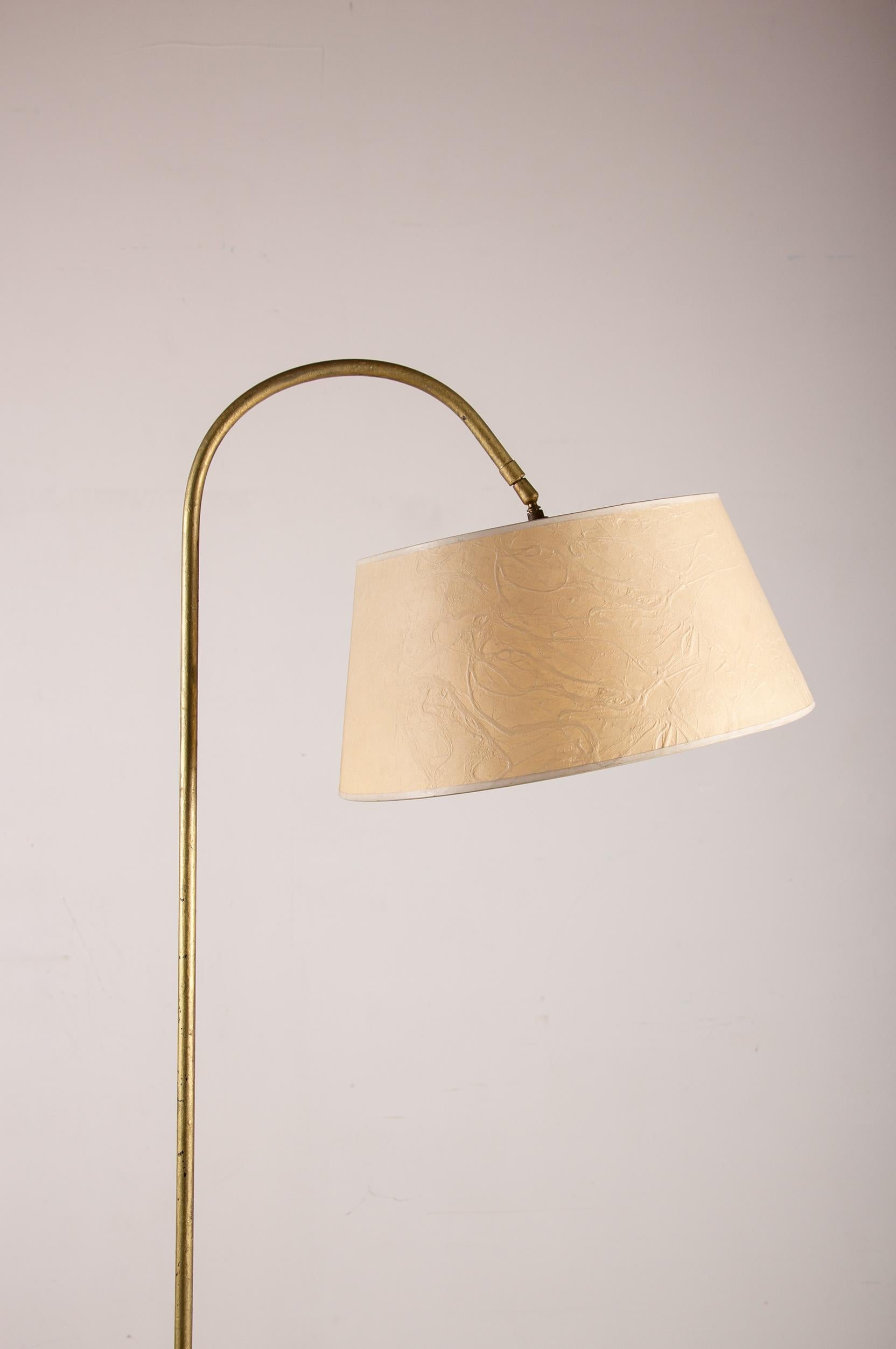 Large vintage metal tripod floor lamp with magazine rack and cardboard lampshade 4
