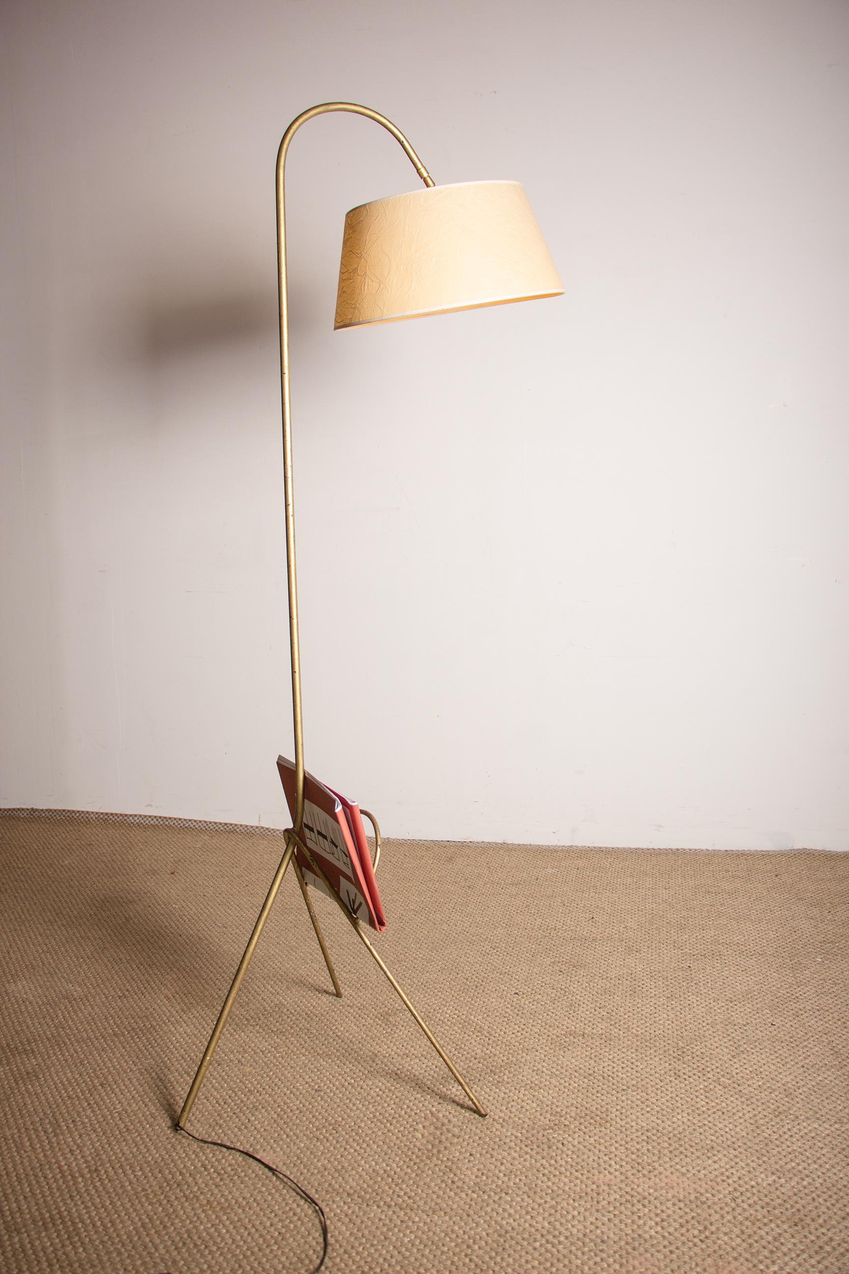 Large vintage metal tripod floor lamp with magazine rack and cardboard lampshade For Sale 8