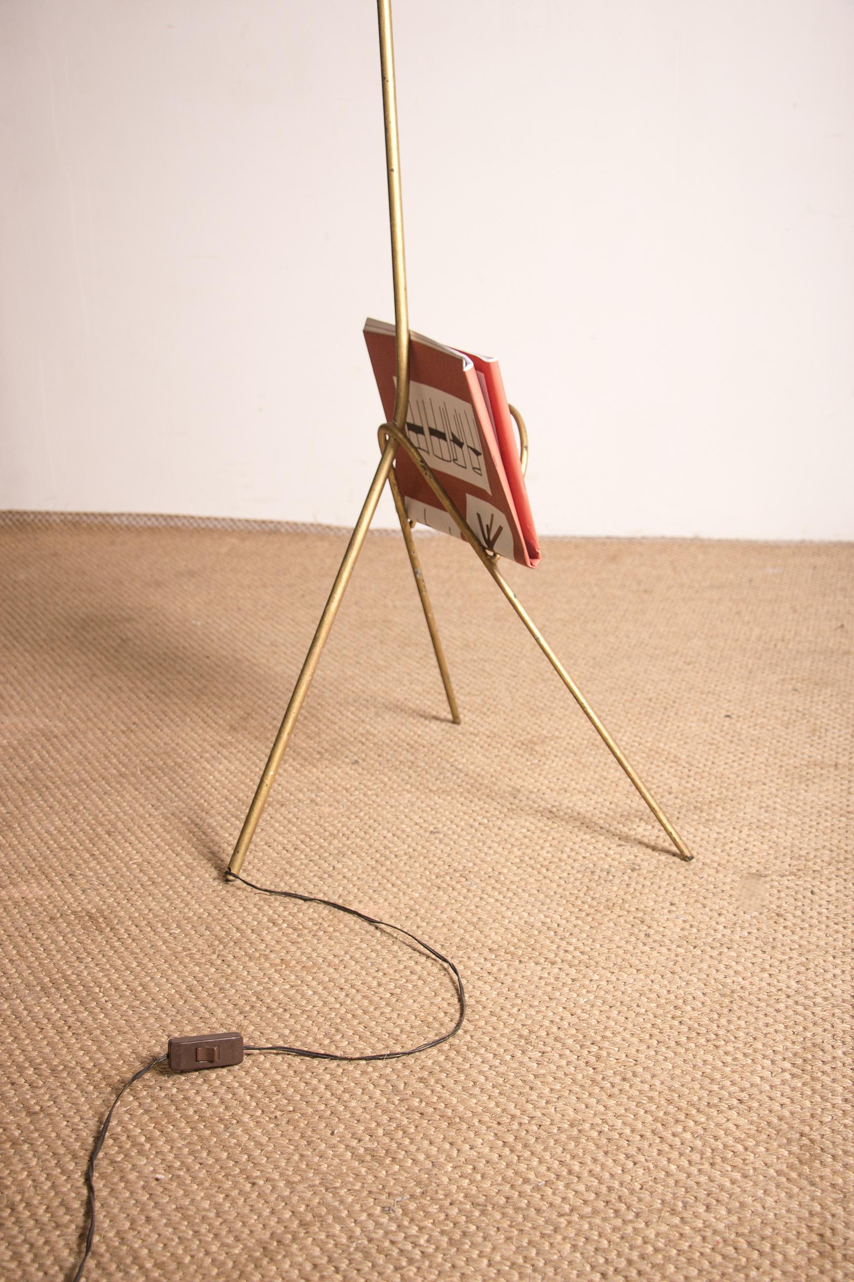 Large vintage metal tripod floor lamp with magazine rack and cardboard lampshade For Sale 9