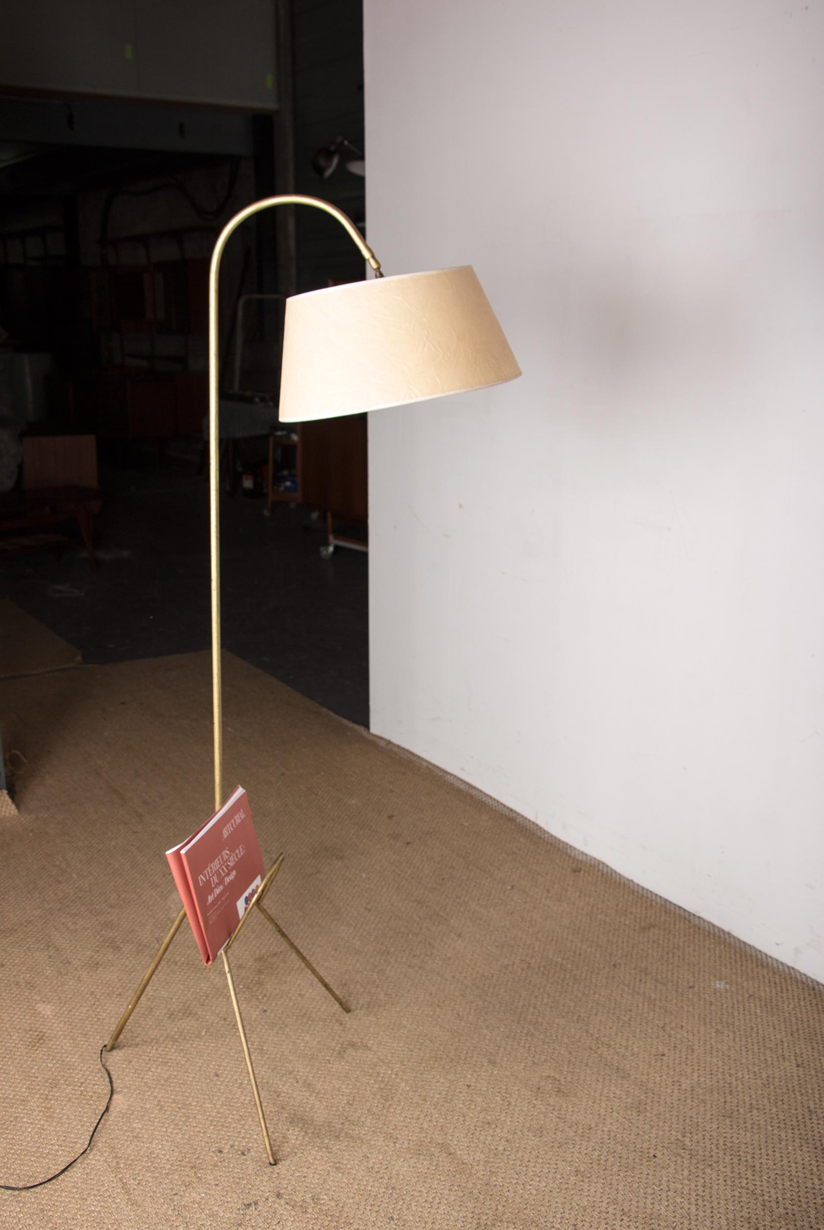 Large vintage metal tripod floor lamp with magazine rack and cardboard lampshade 13
