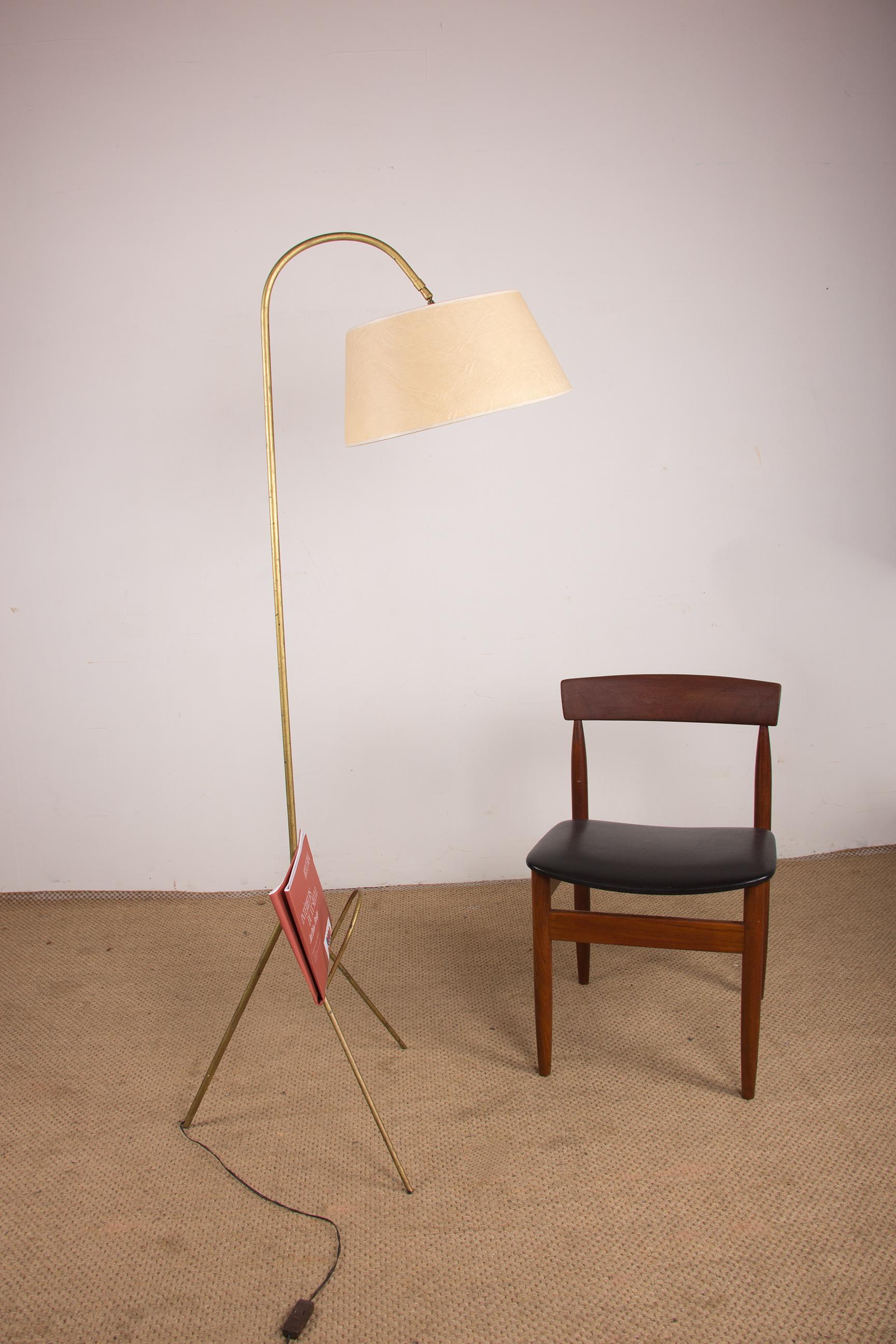 Mid-20th Century Large vintage metal tripod floor lamp with magazine rack and cardboard lampshade