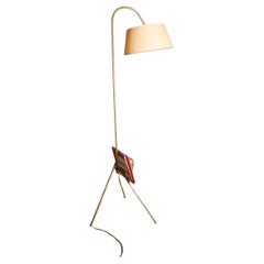 Grand lampadaire tripode vintage avec porte-revues et abat-jour en carton