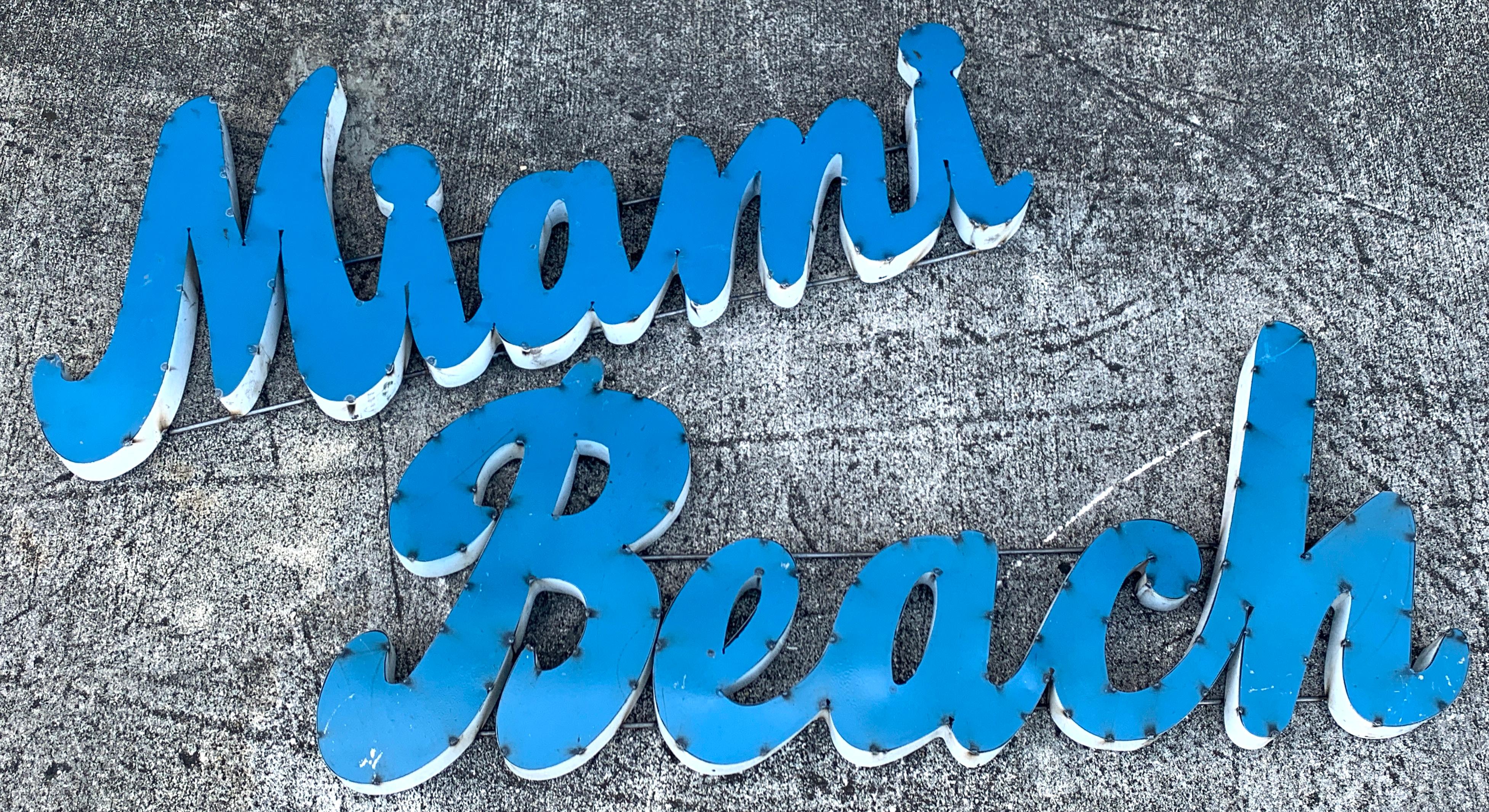 Modern Large Vintage 'Miami Beach' Enamelled Metal Sign